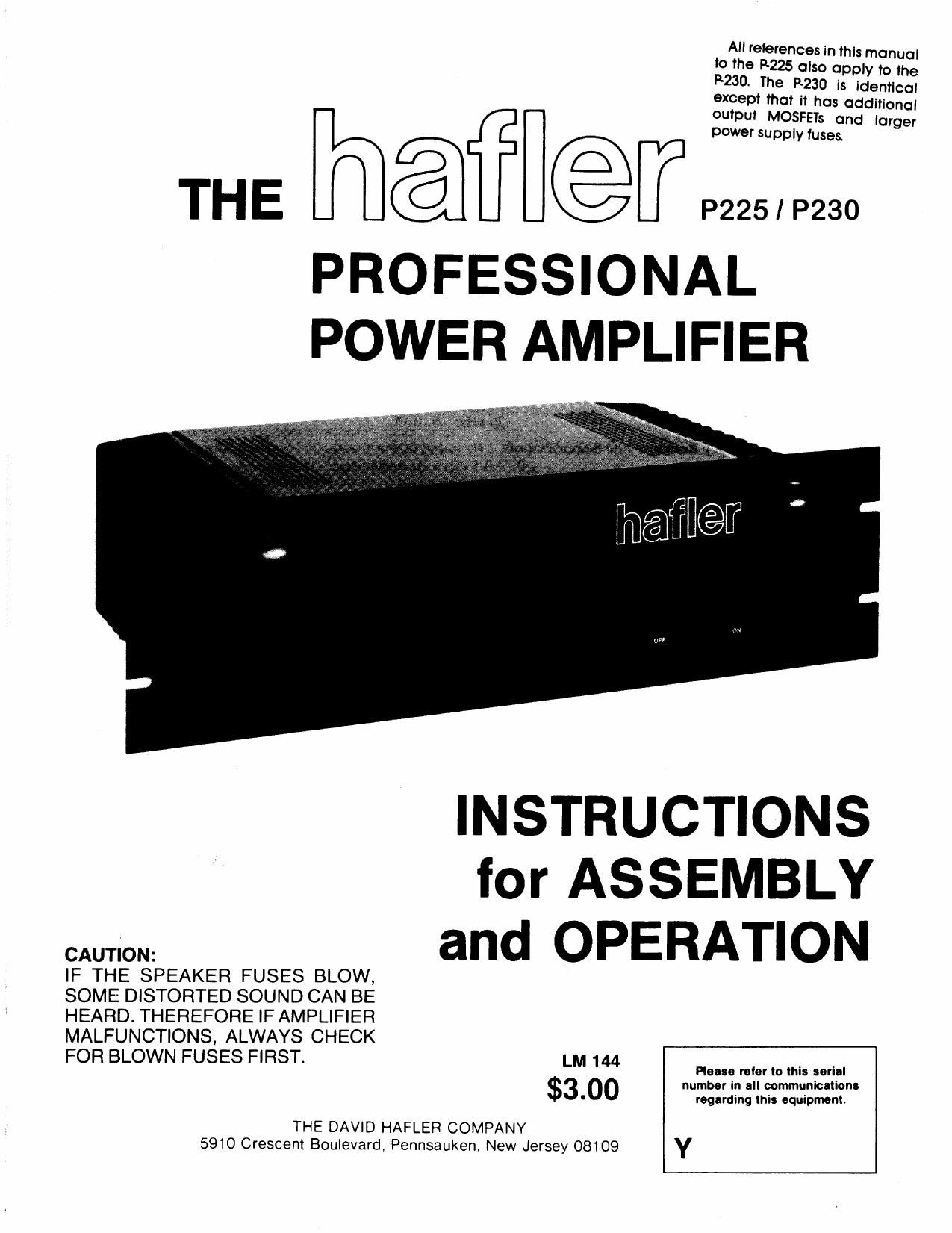Hafler P225 P230 Owners Manual