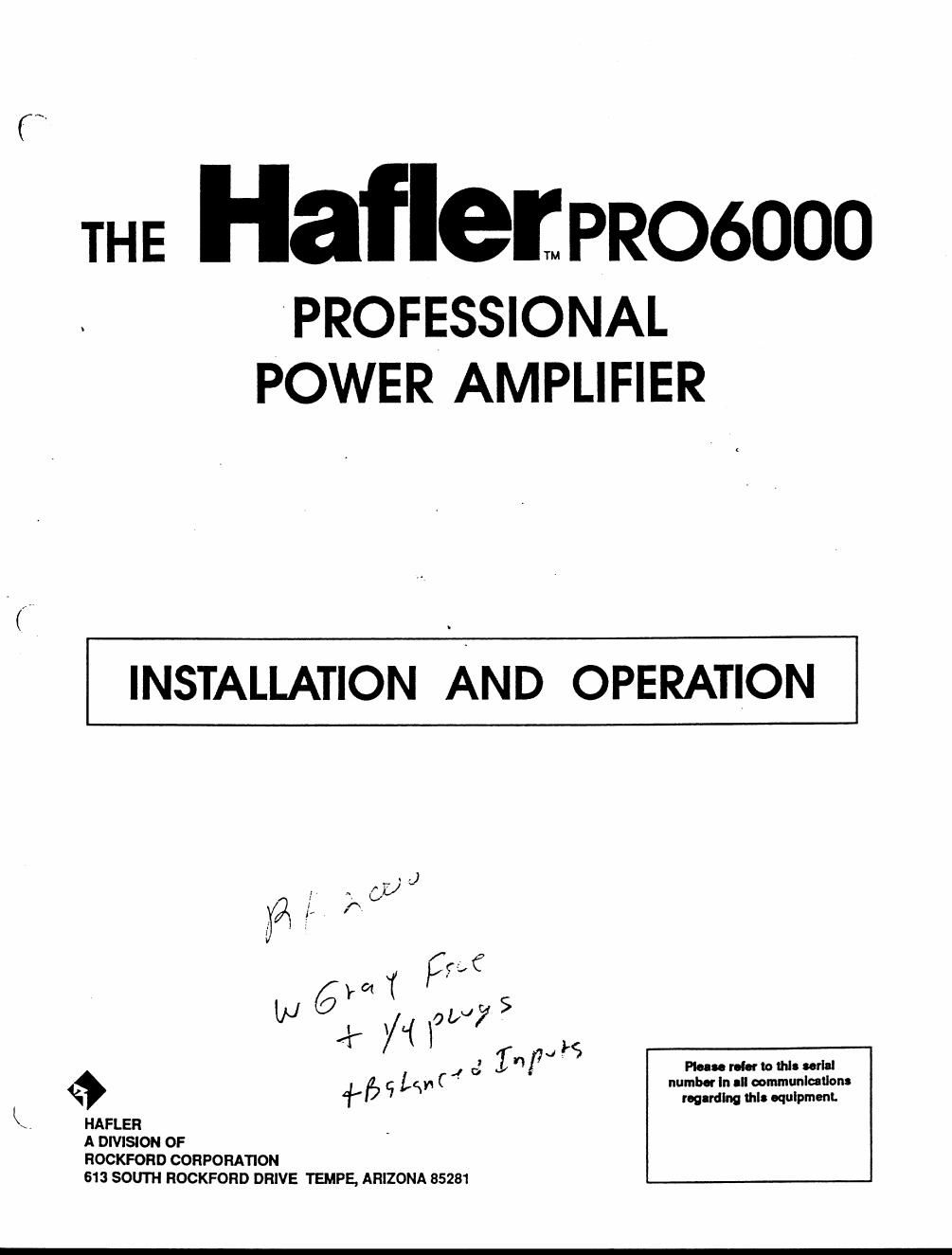 hafler pro 6000 owners manual