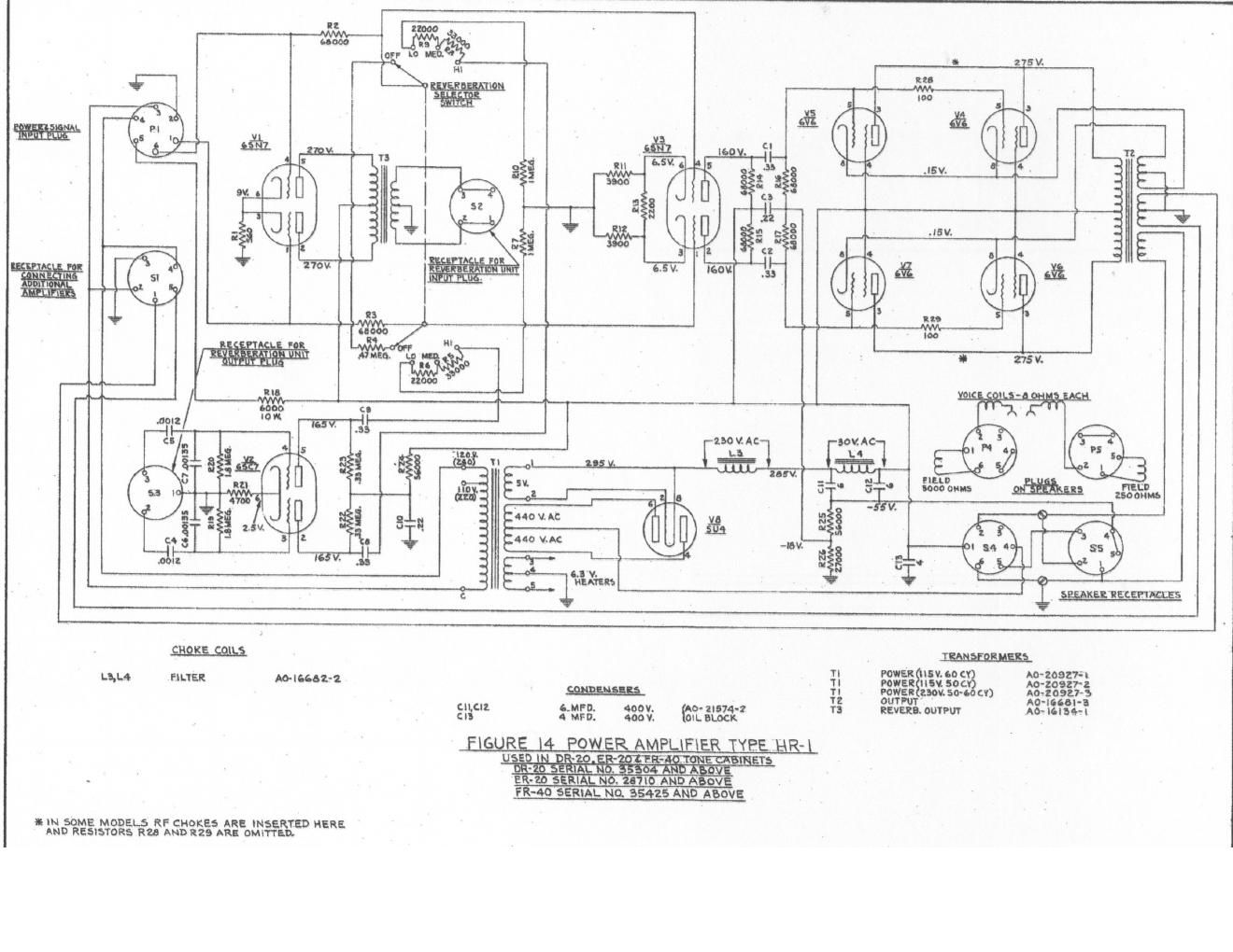 hammond hr 1 reverb power amp d 20 f 40 cabinets schematic
