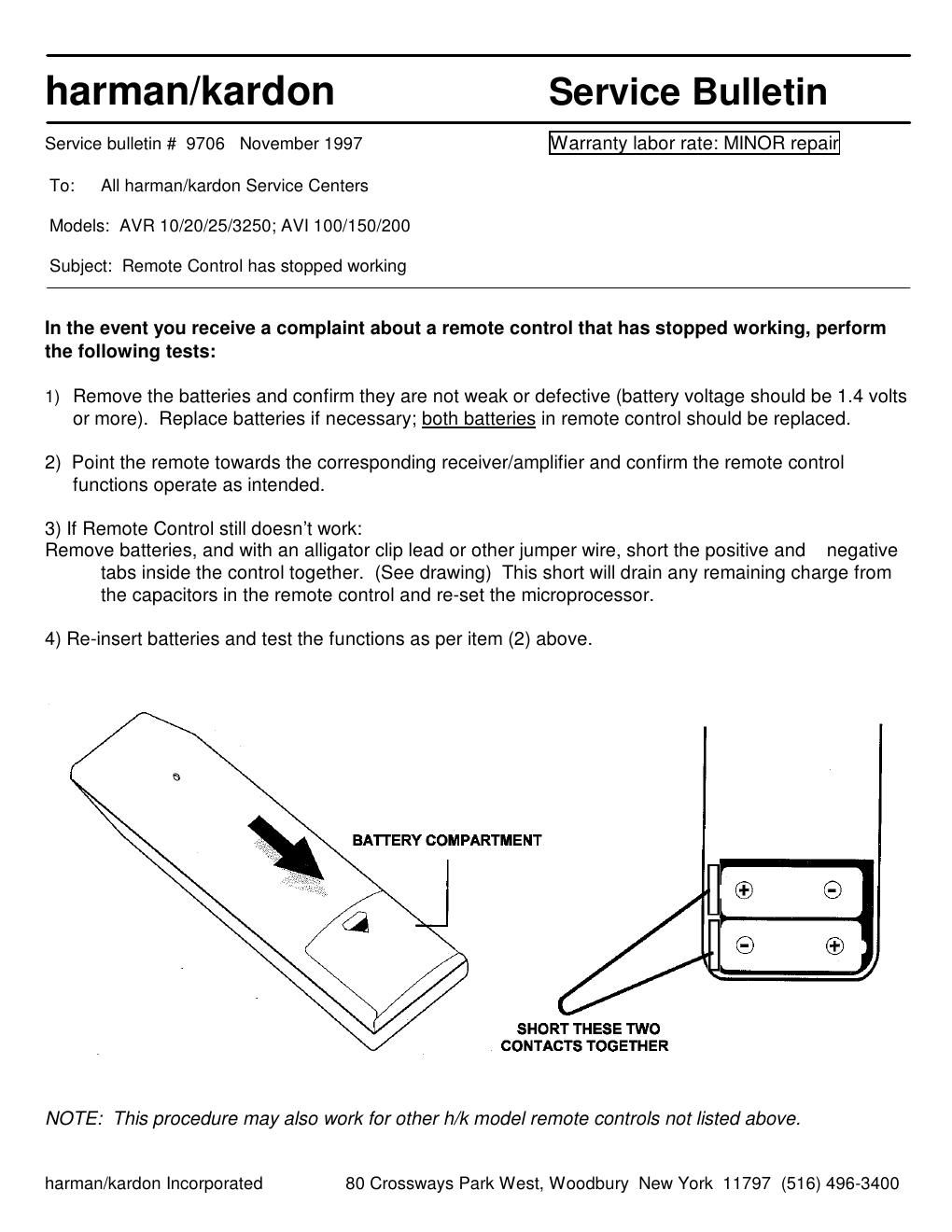 Harman Kardon AVI 200 Service Bulletin