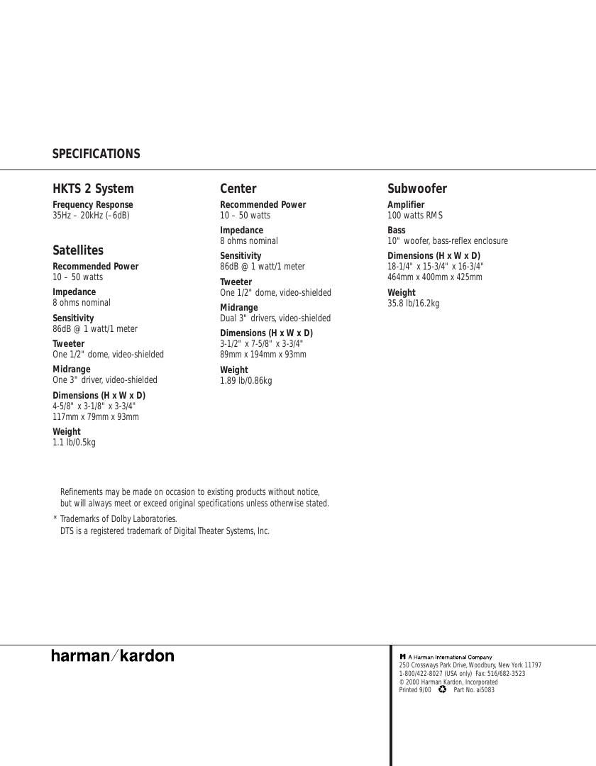 harman kardon hkts 2 owners manual