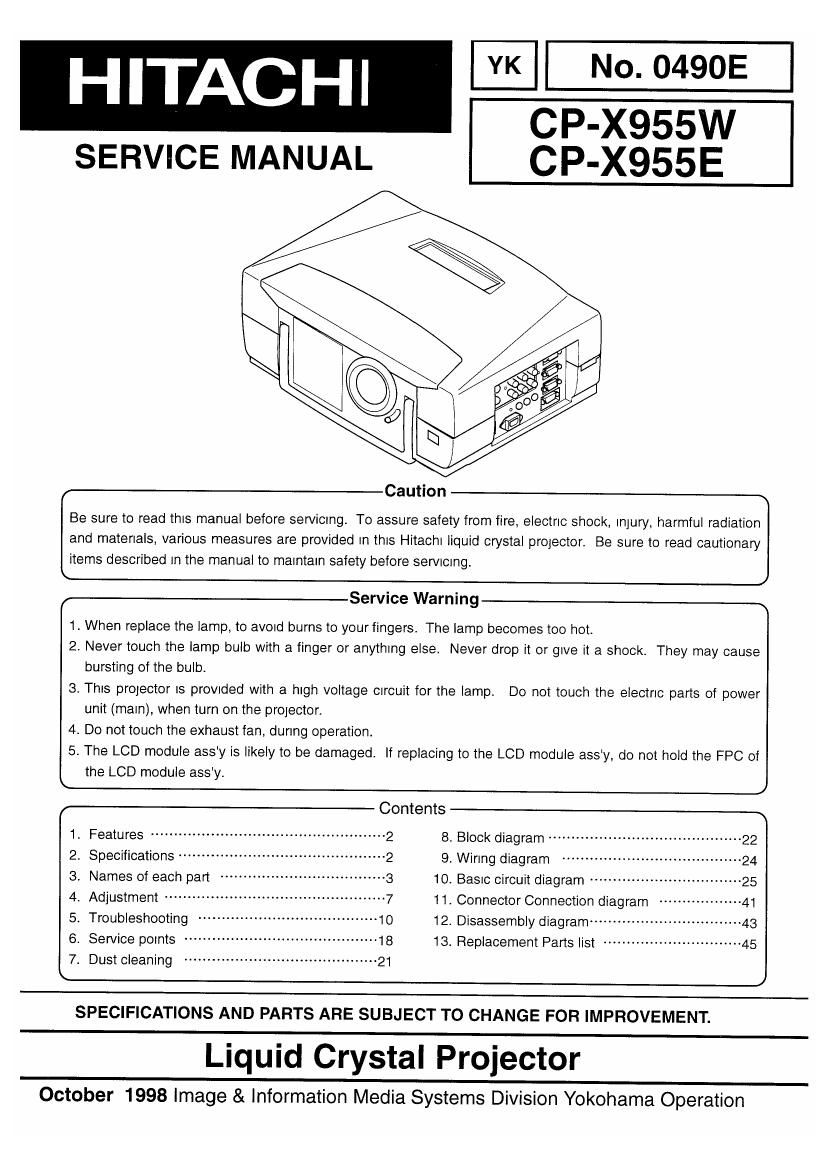 Hitachi CP X955 E Service Manual