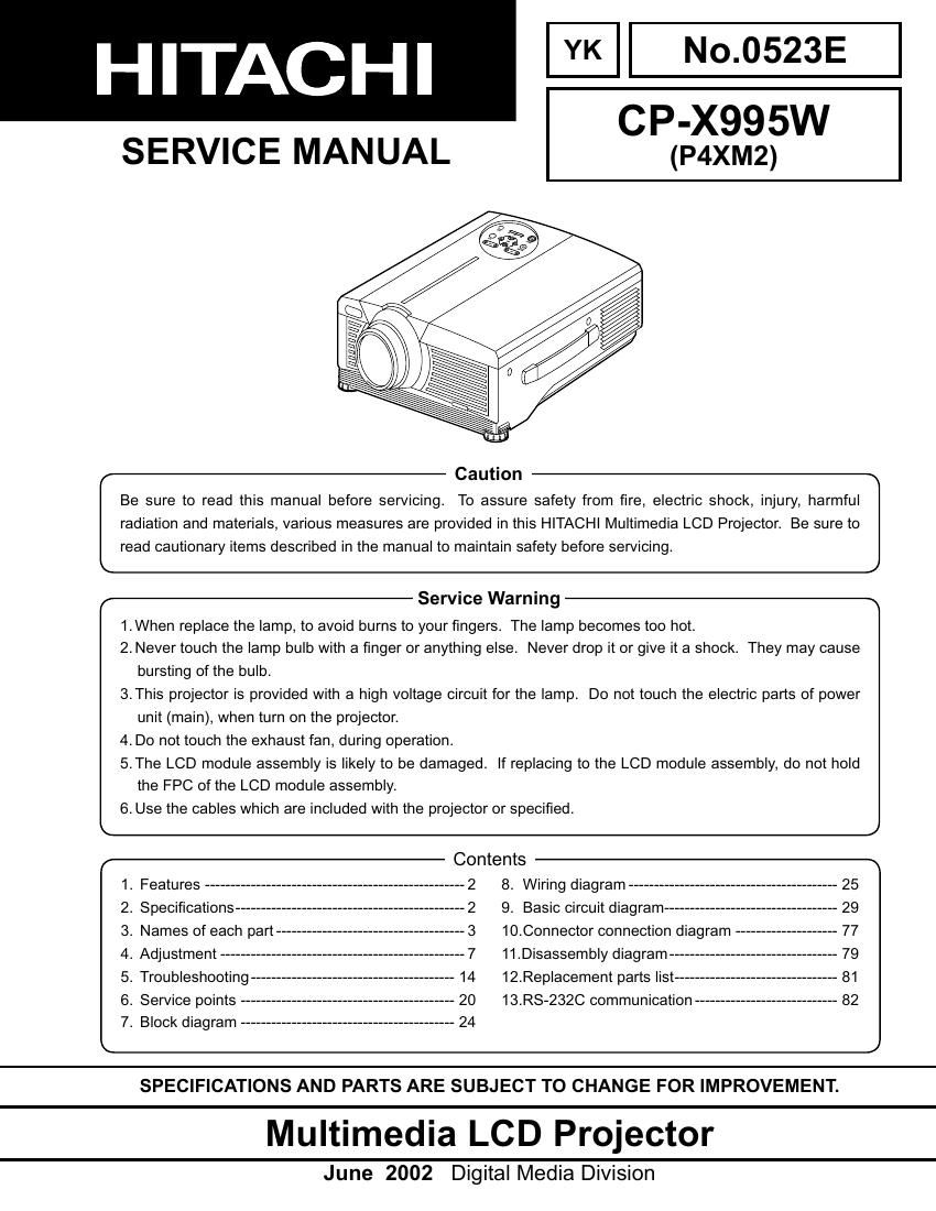 Hitachi CP X995 W Service Manual