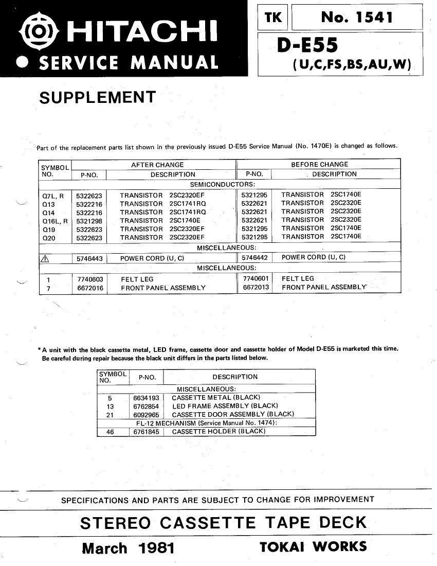 Hitachi DE 55 Service Manual Supp