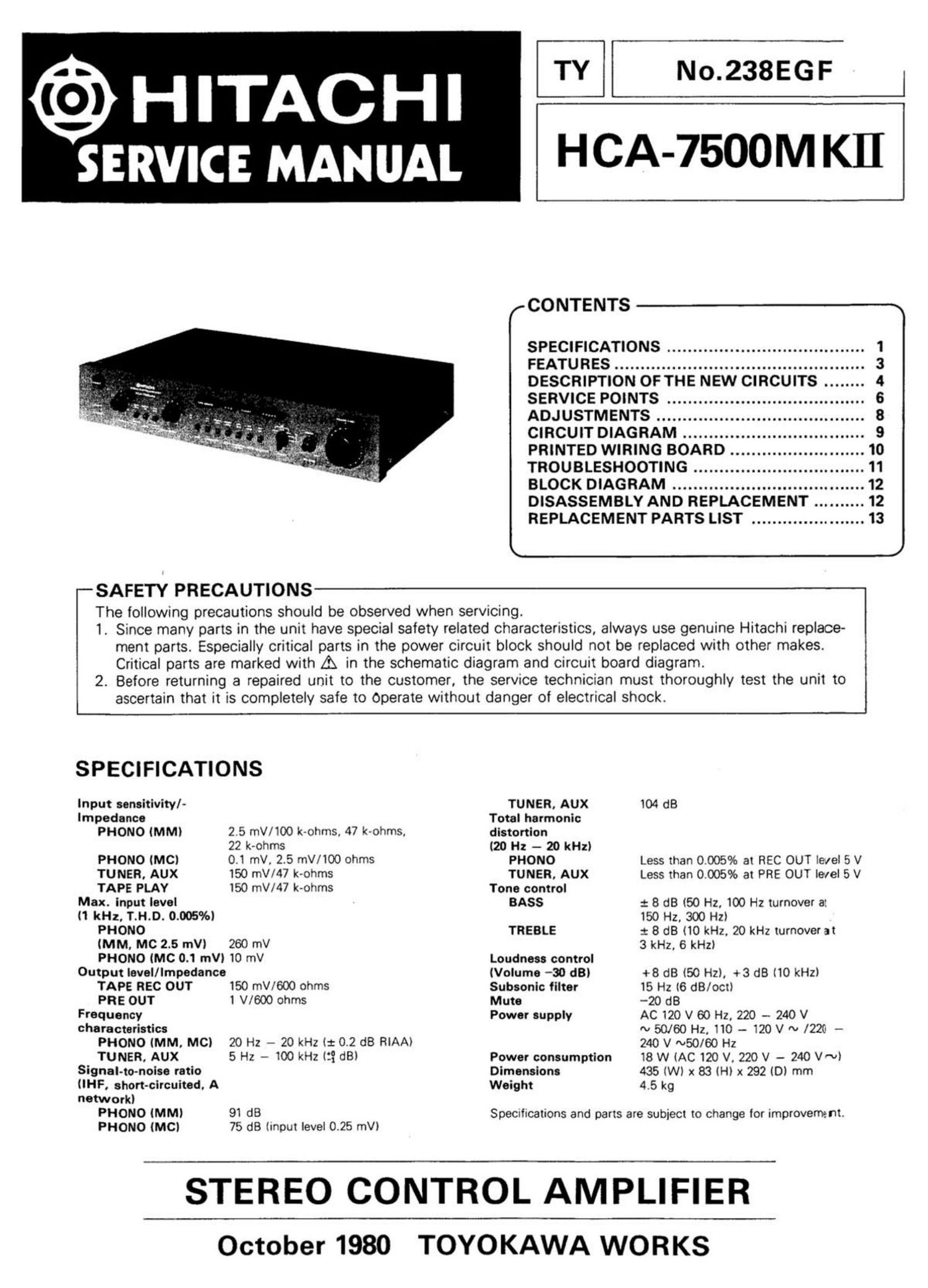 Hitachi HCA 7500 Mk2 Service Manual