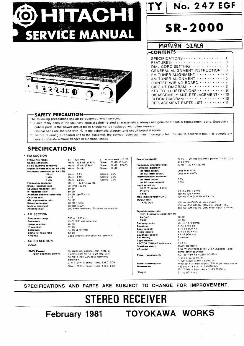 Hitachi SR 2000 Service Manual