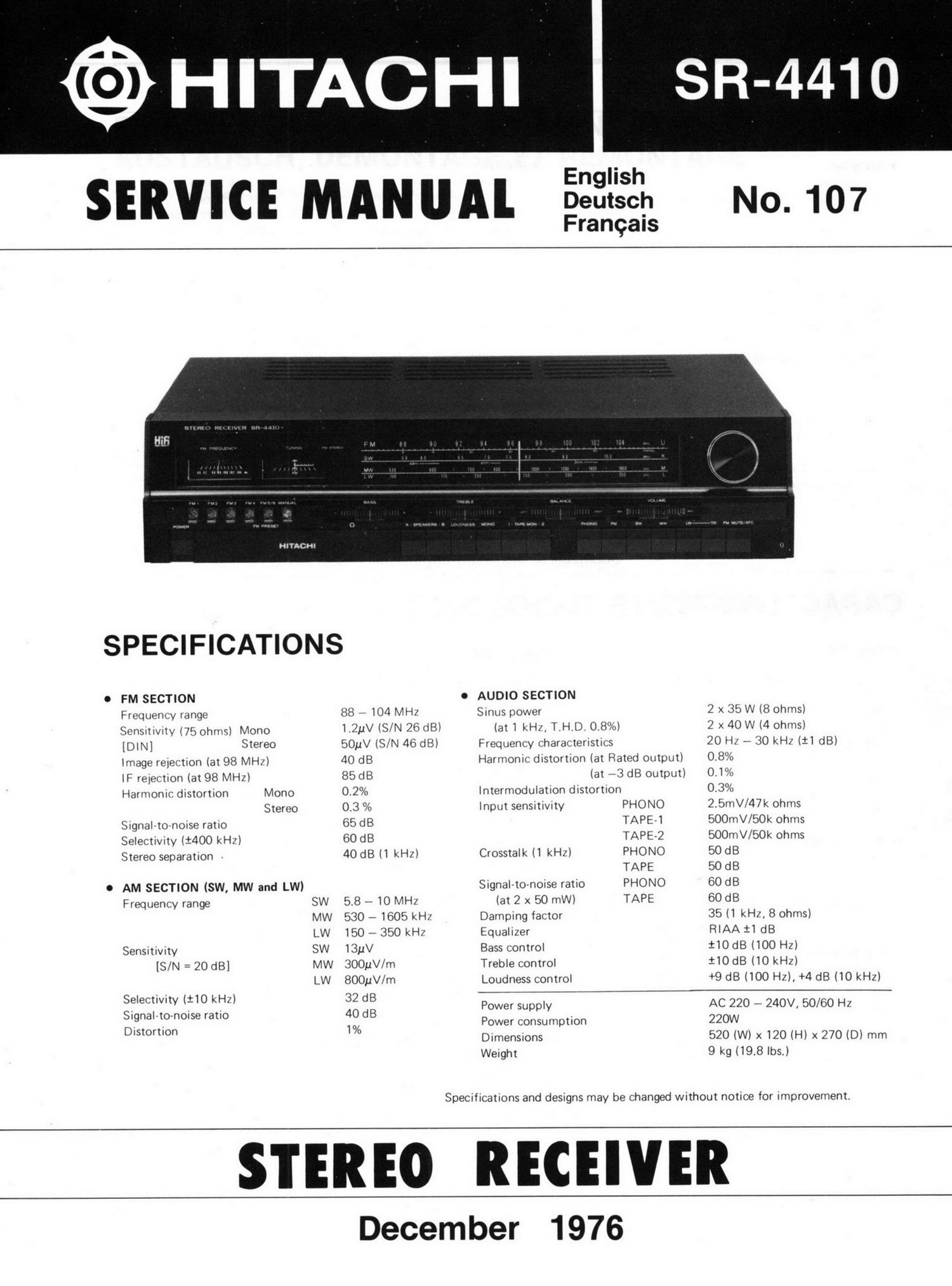 Hitachi SR 4410 Service Manual