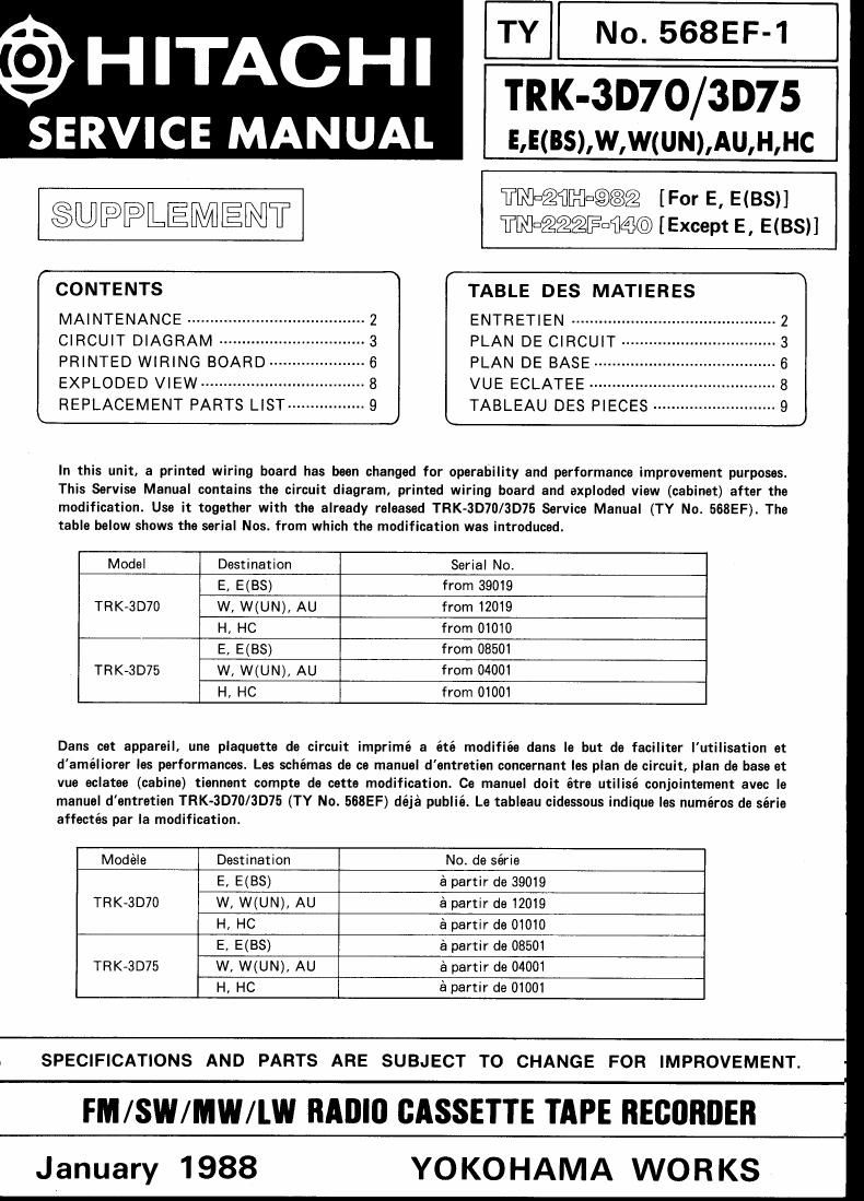 Hitachi TRK 3 D 70 Service Manual