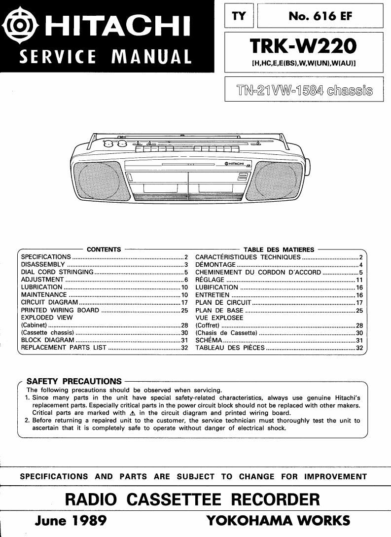 Hitachi TRKW 220 Service Manual