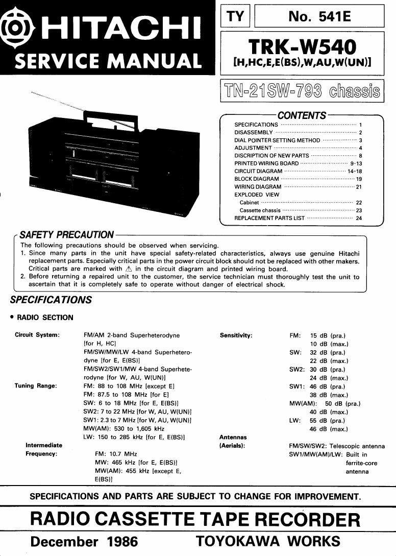 Hitachi TRKW 540 Service Manual