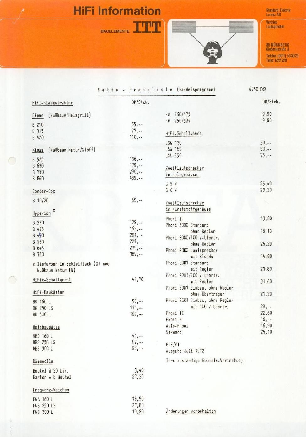 ITT 1972 Preisliste