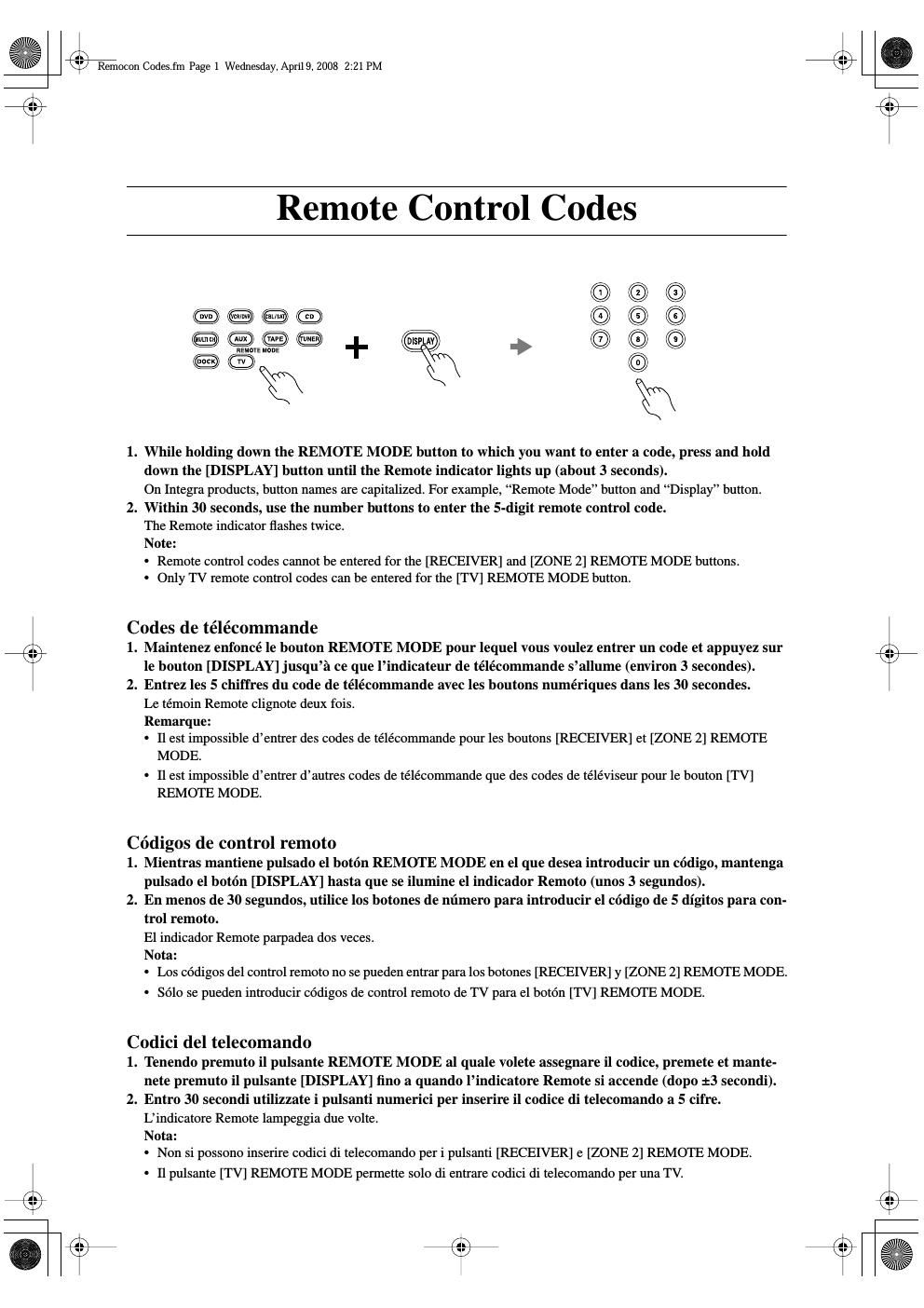 integra remote codes owners manual