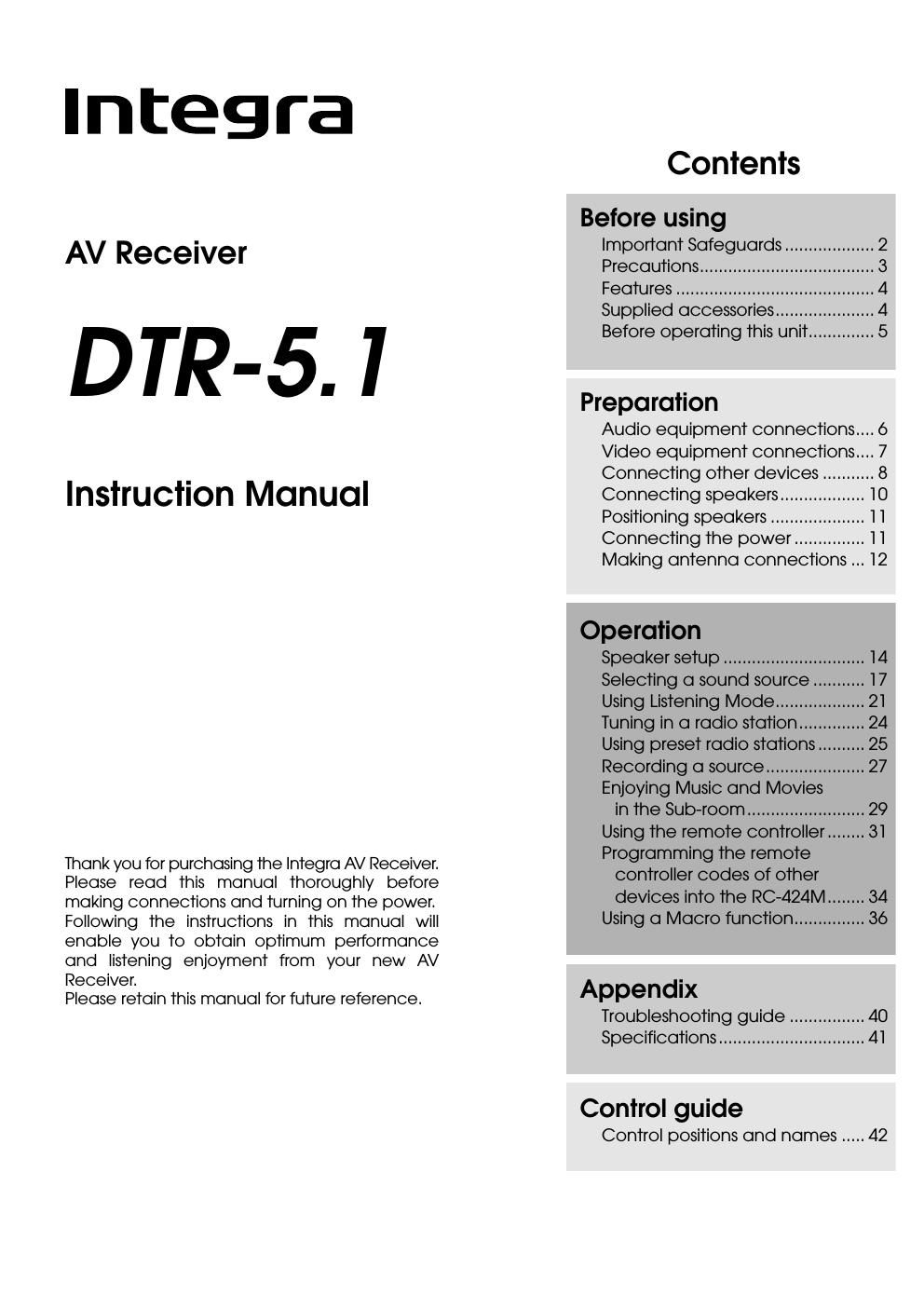 integra dtr 5 1 owners manual
