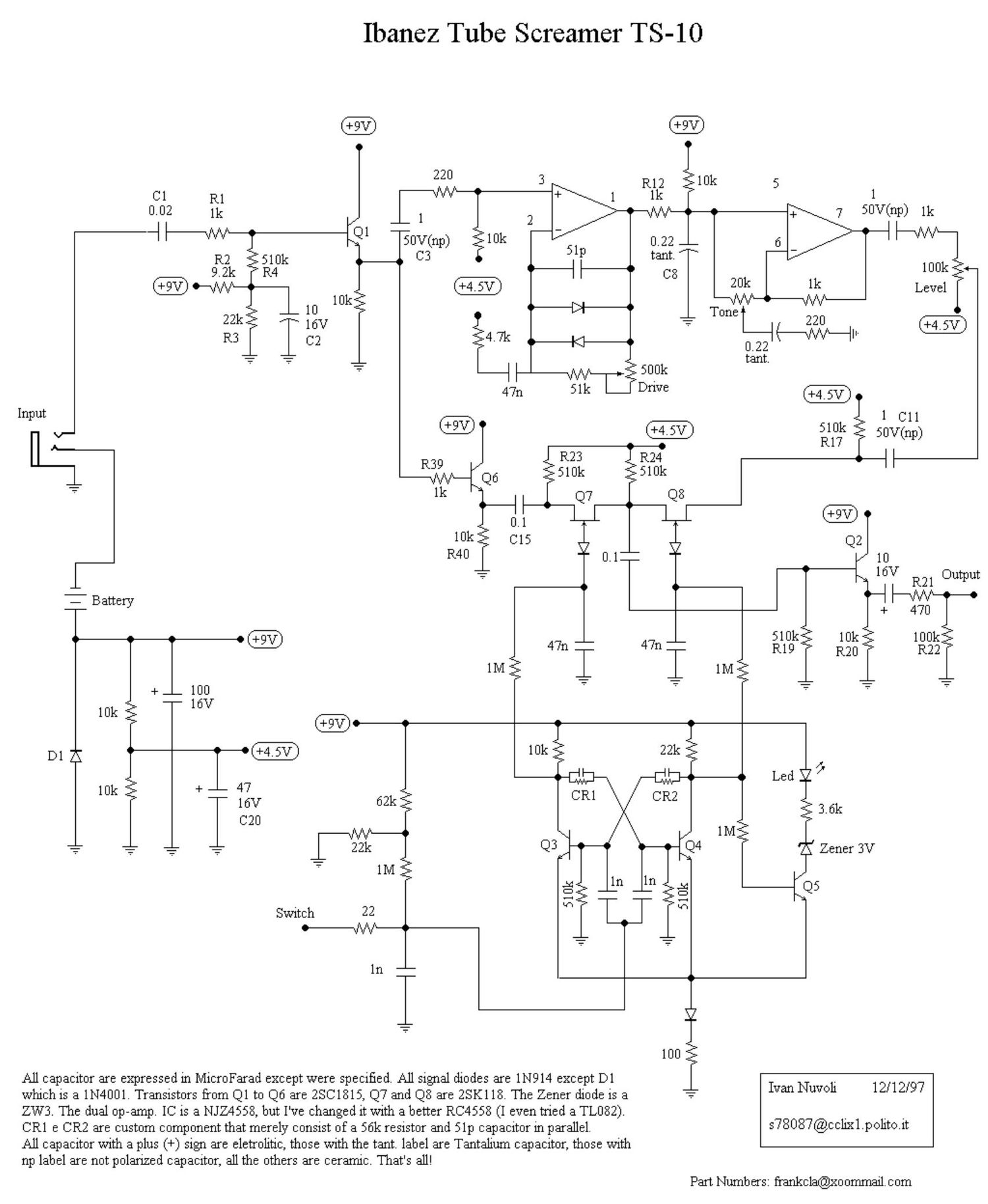 Ibanez TS 10 Tube Screamer Classic Distortion Schematic