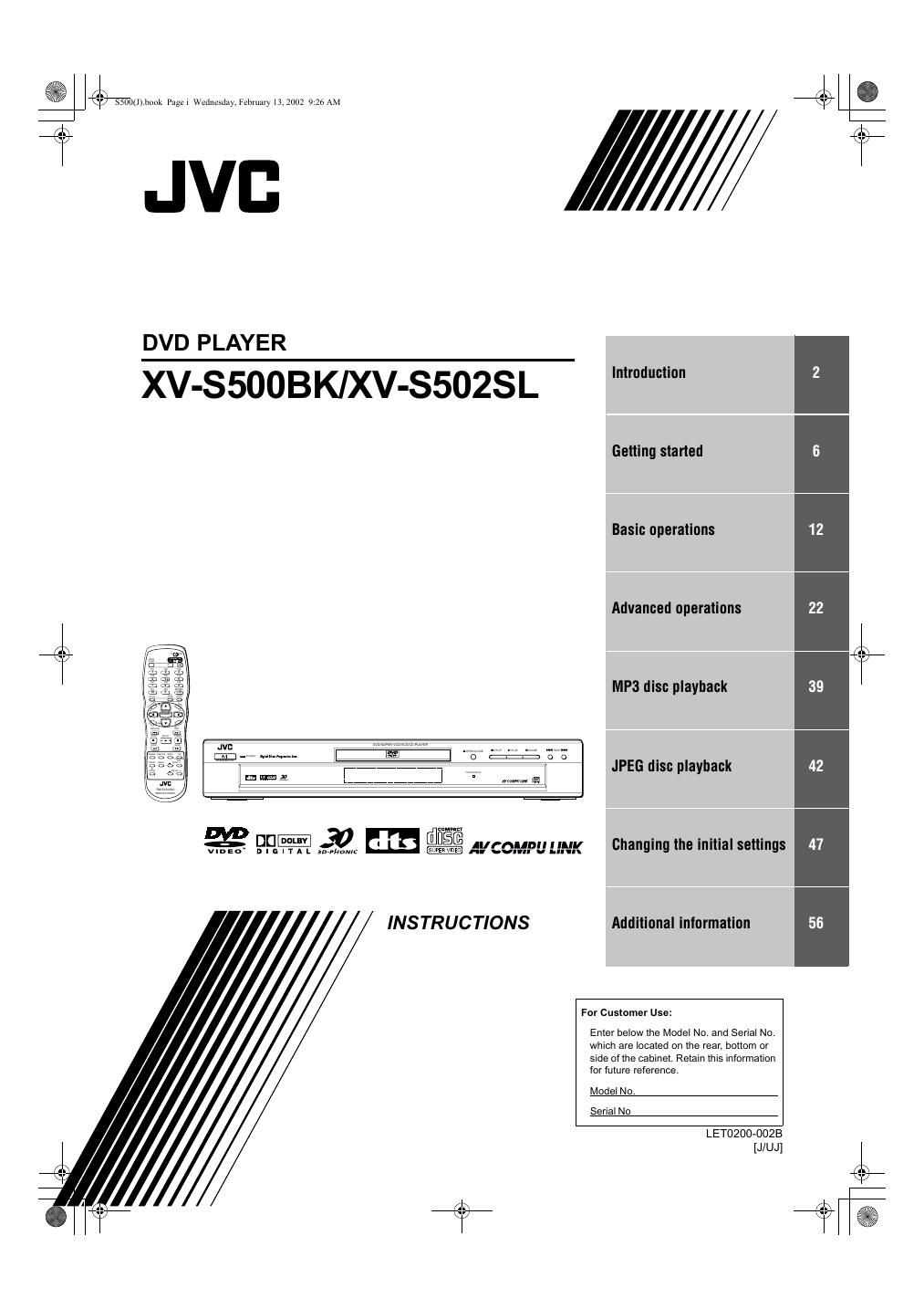 Jvc XVS 502 SL Owners Manual