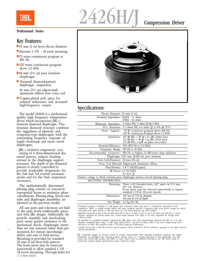 jbl 2426 h brochure