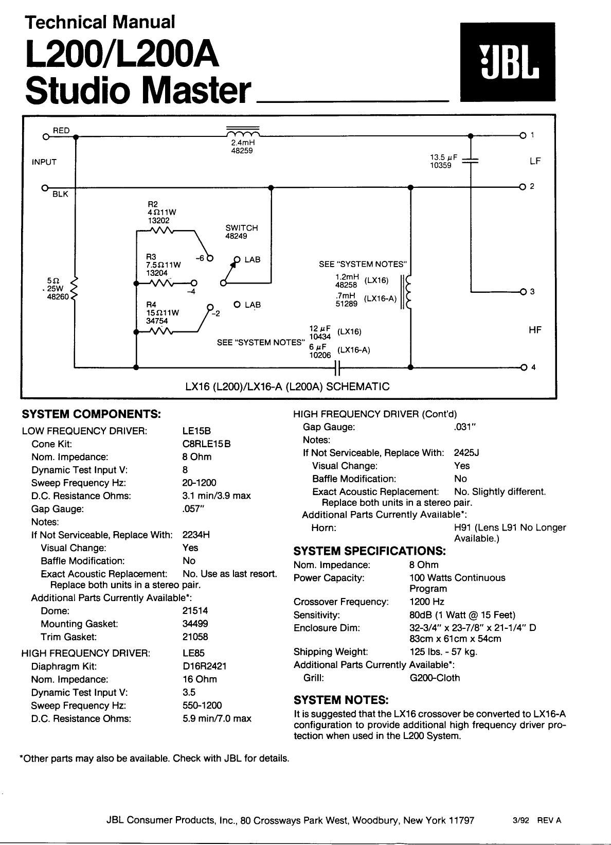 Jbl L 200 Technical Manual