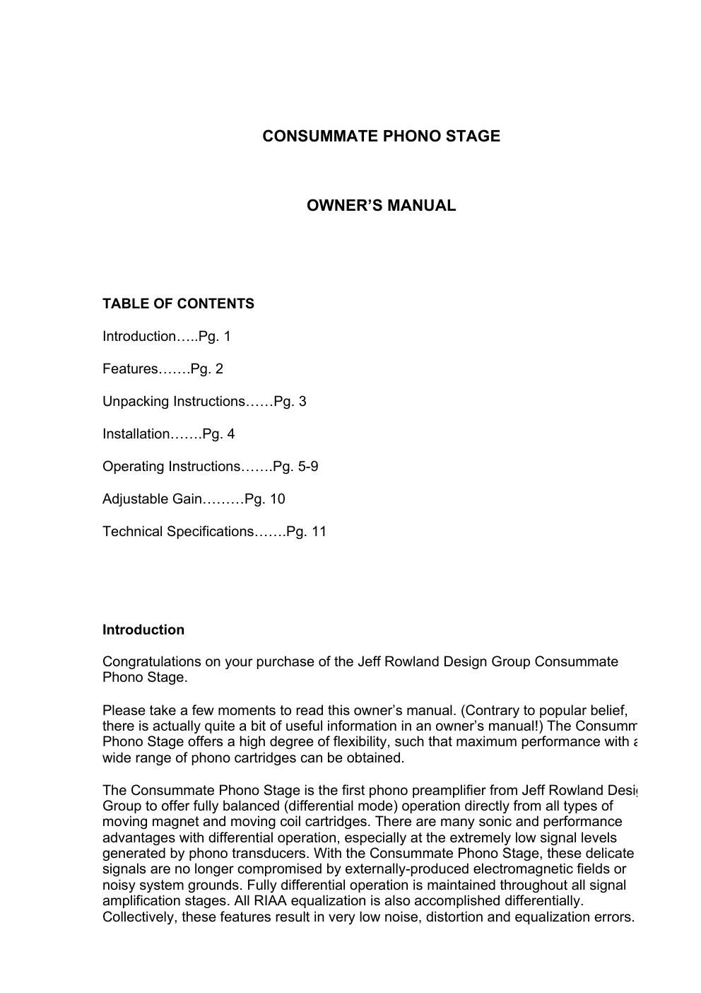 jeff rowland consummate phono owners manual