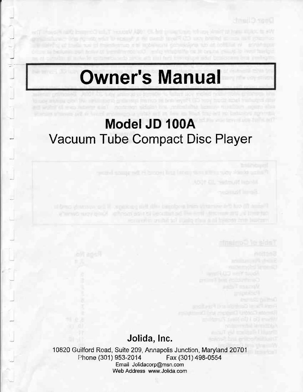 jolida jd 100 a owners manual