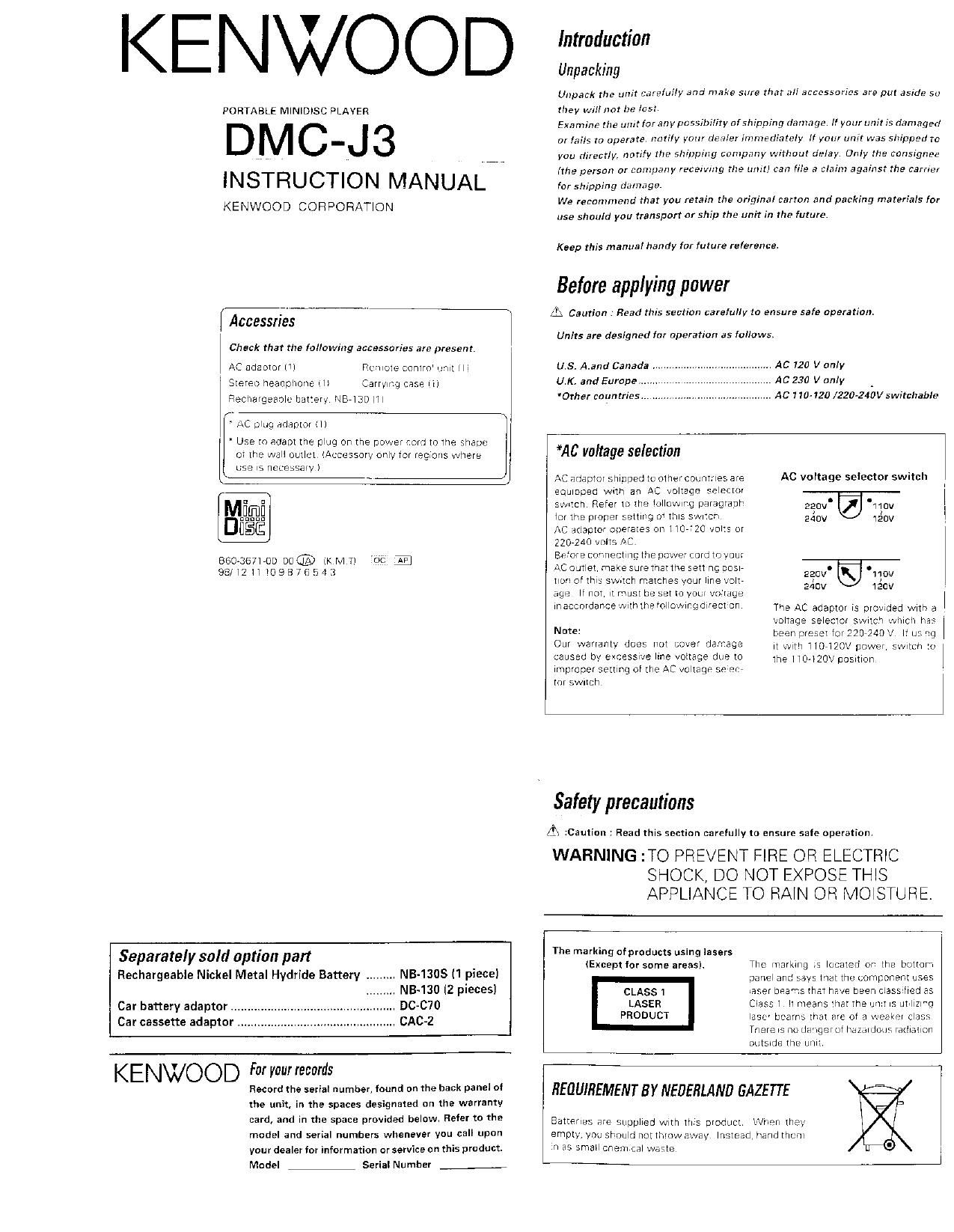 Kenwood DMCJ 3 Owners Manual