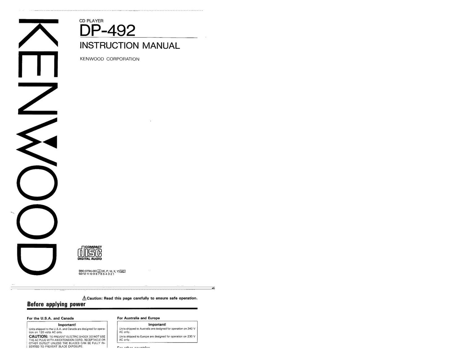 Kenwood DP 492 Owners Manual