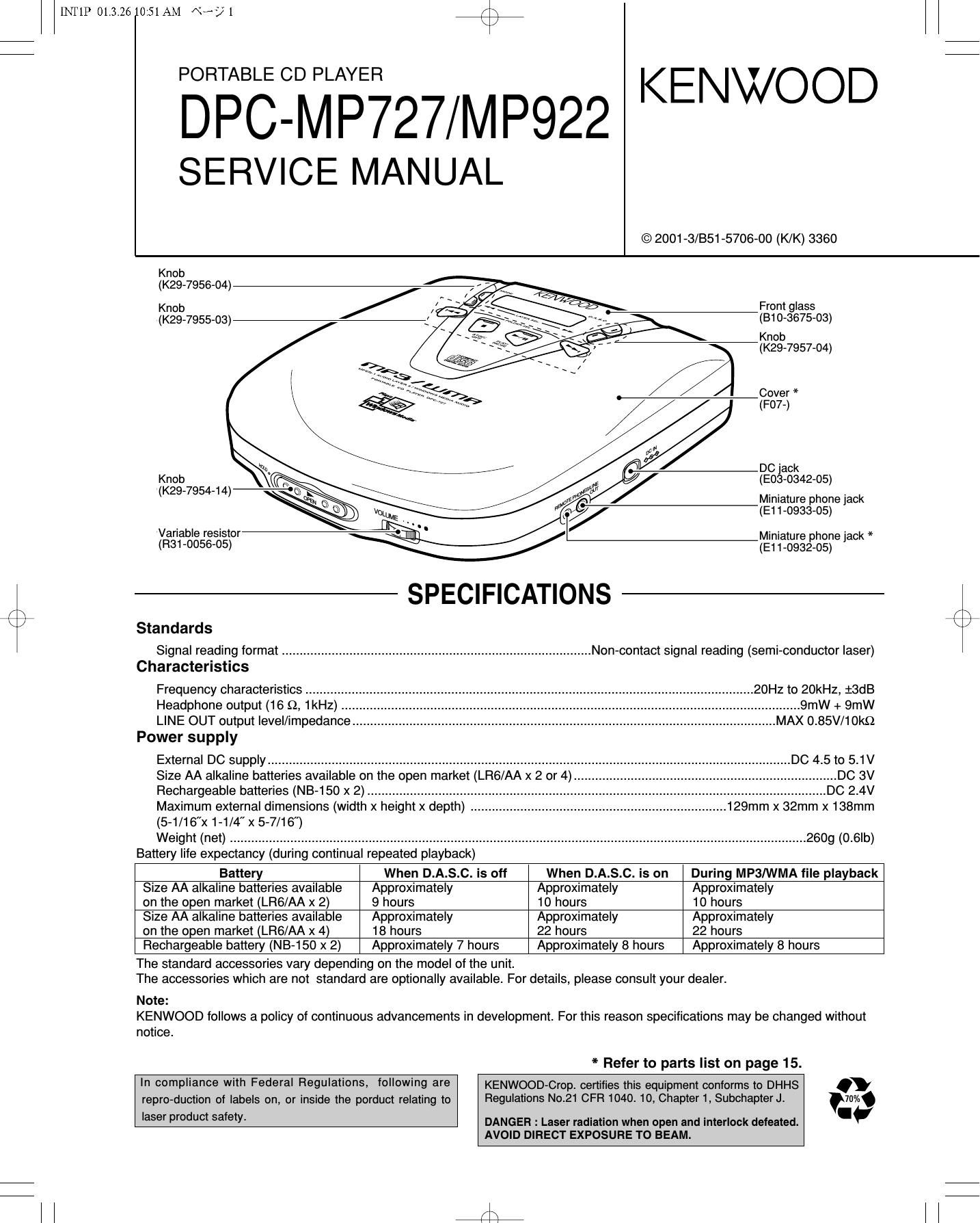 Kenwood DPCMP 727 Service Manual