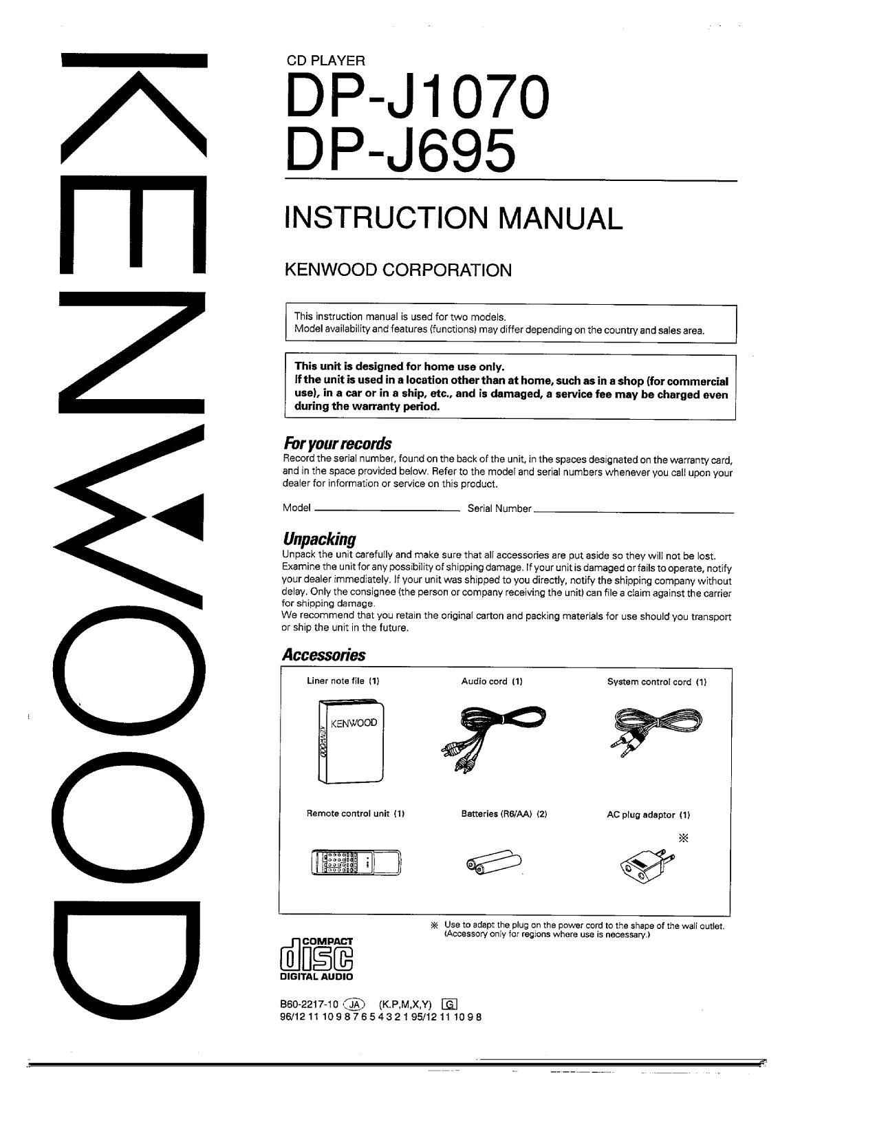 Kenwood DPJ 1070 Owners Manual