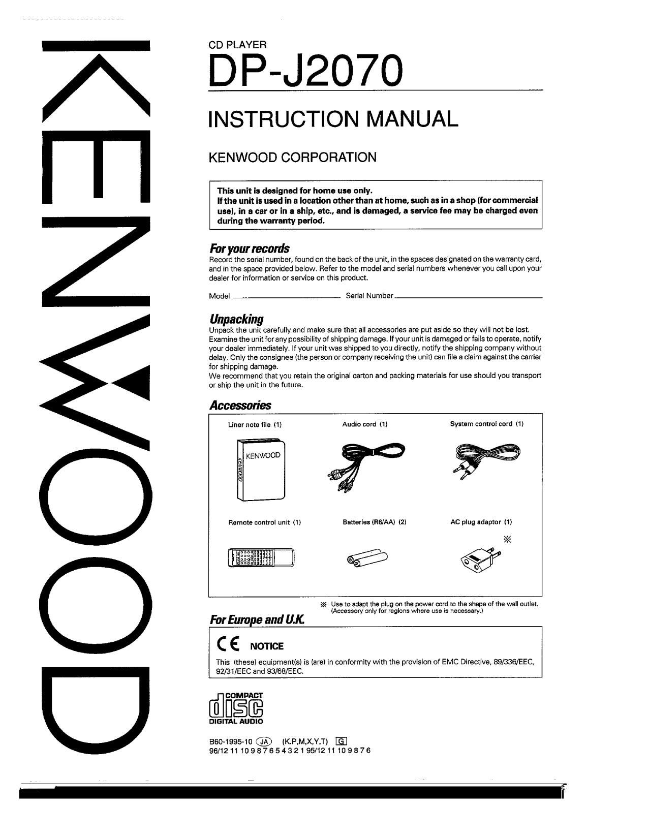 Kenwood DPJ 2070 Owners Manual