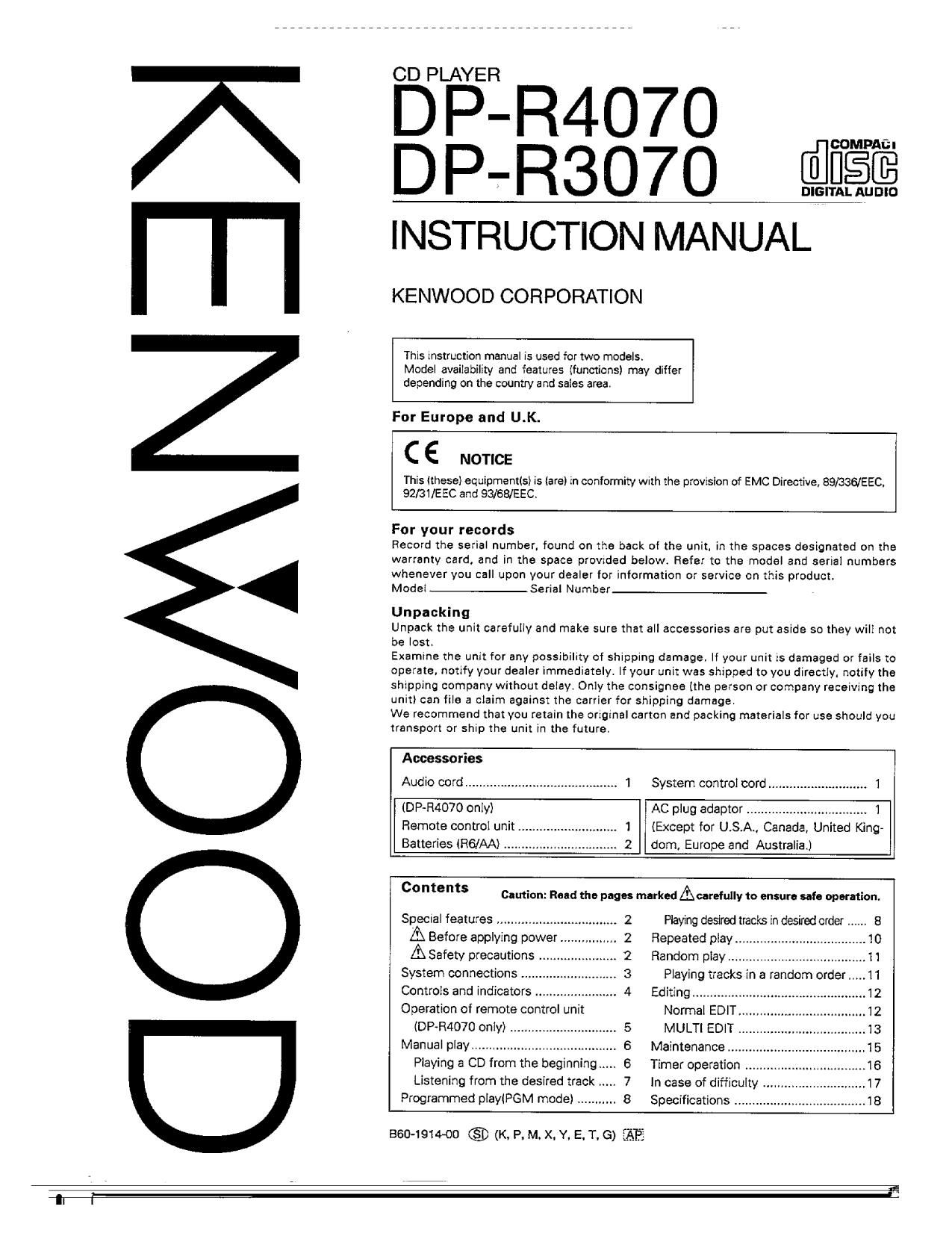 Kenwood DPR 3070 Owners Manual