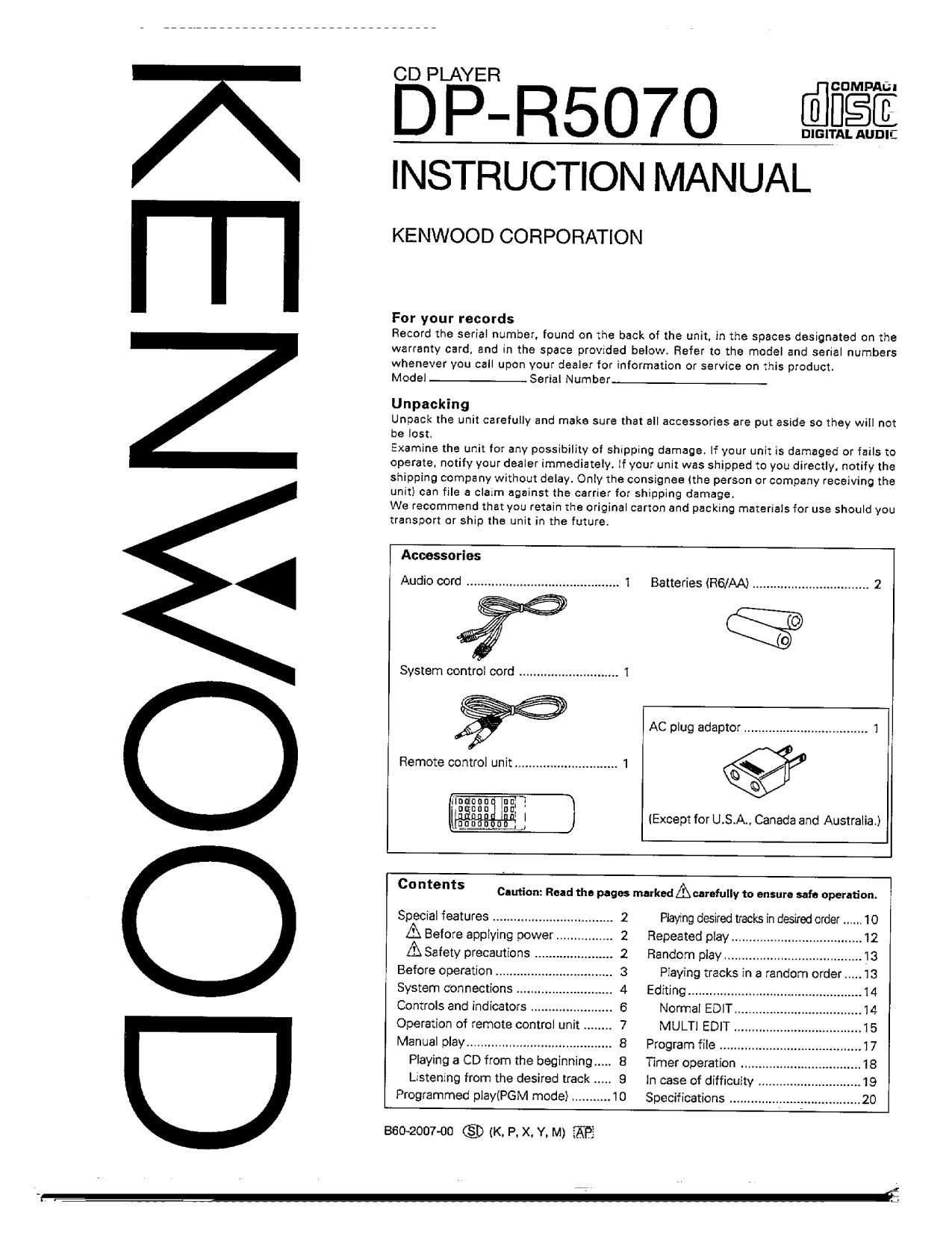 Kenwood DPR 5070 Owners Manual