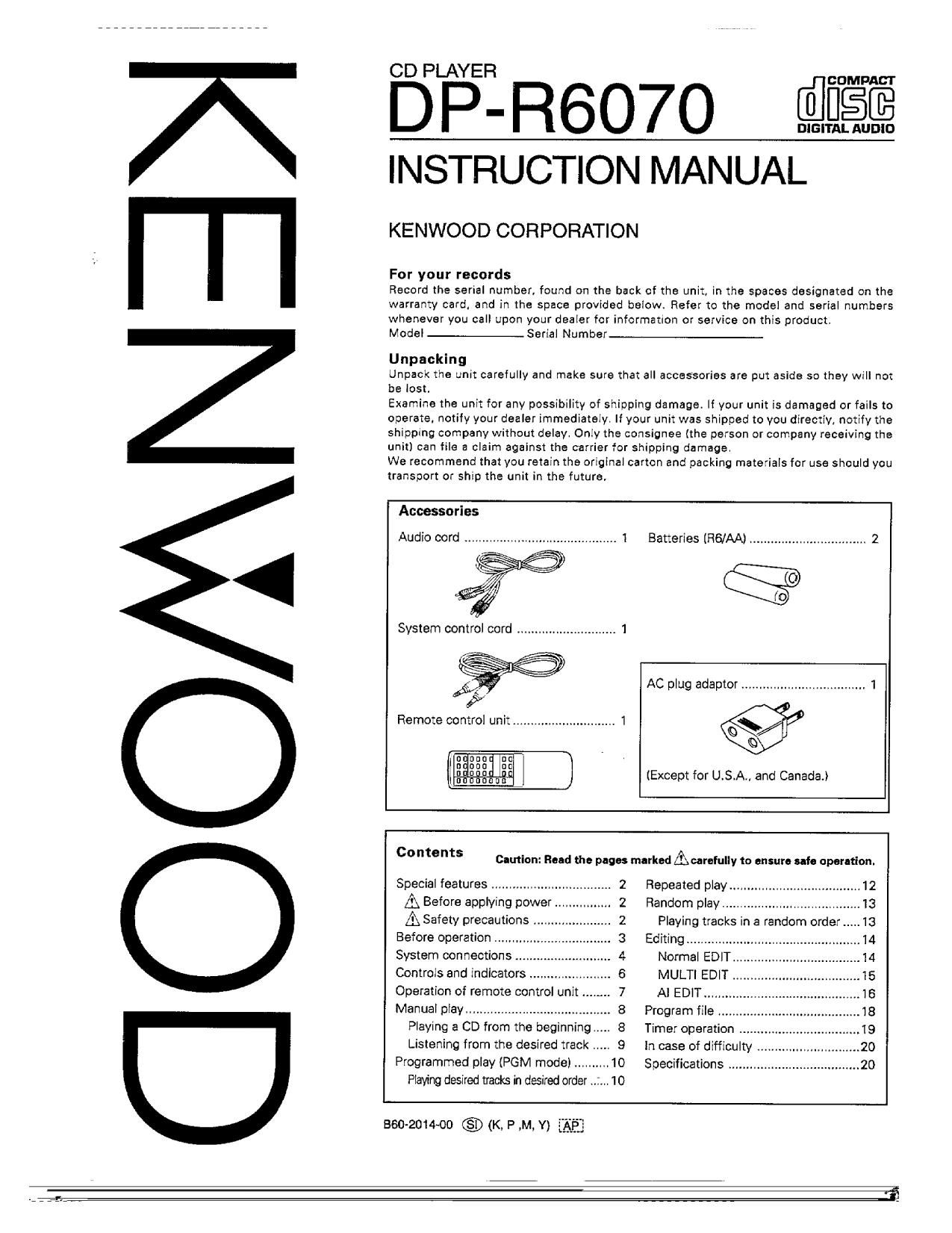 Kenwood DPR 6070 Owners Manual