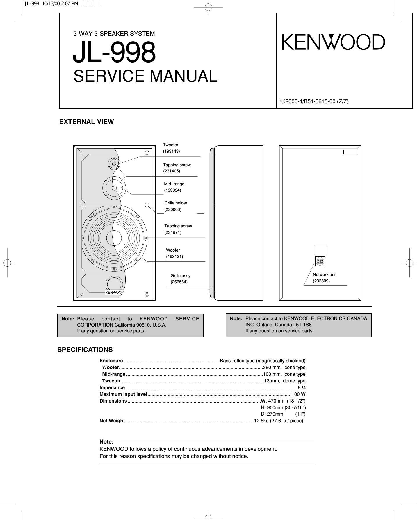 Kenwood JL 998 Service Manual