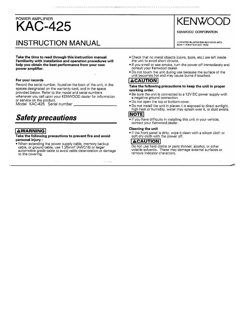 Kenwood KAC 425 Owners Manual
