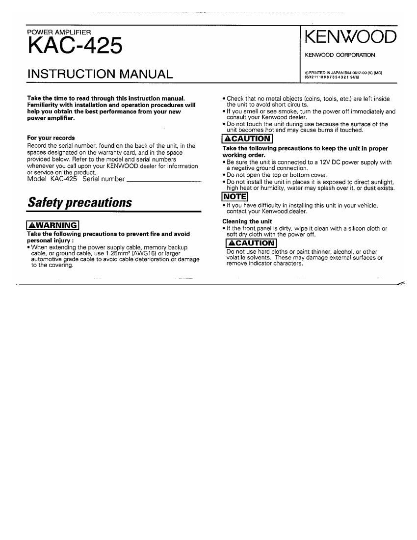 Kenwood KAC 425 Owners Manual
