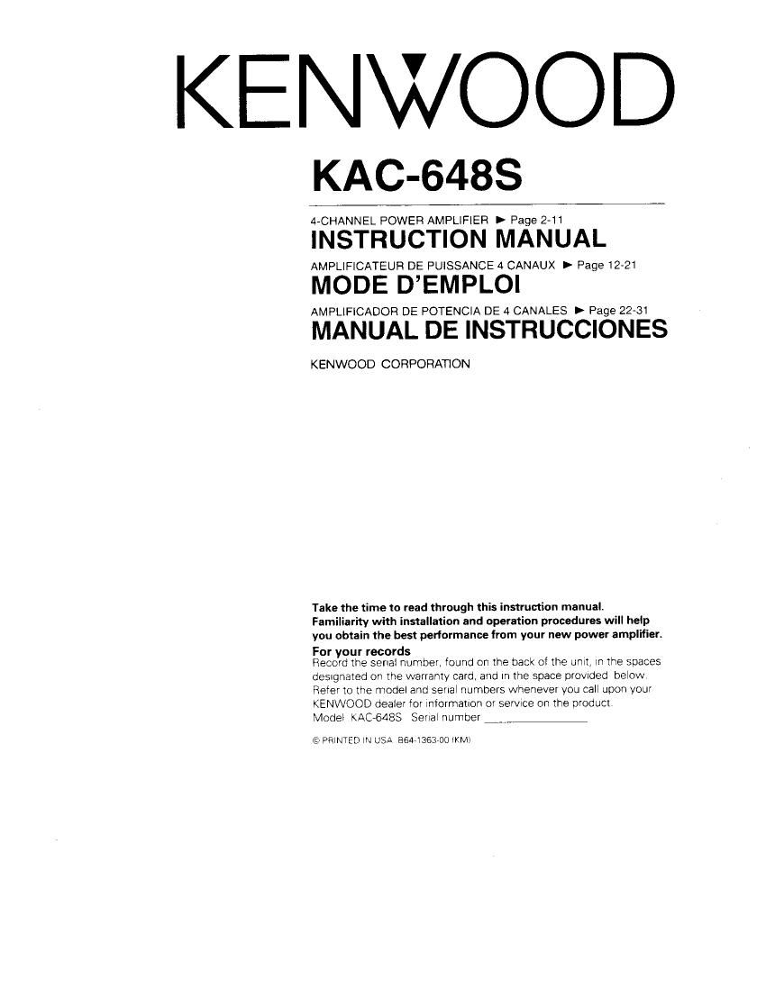Kenwood KAC 648 S Owners Manual