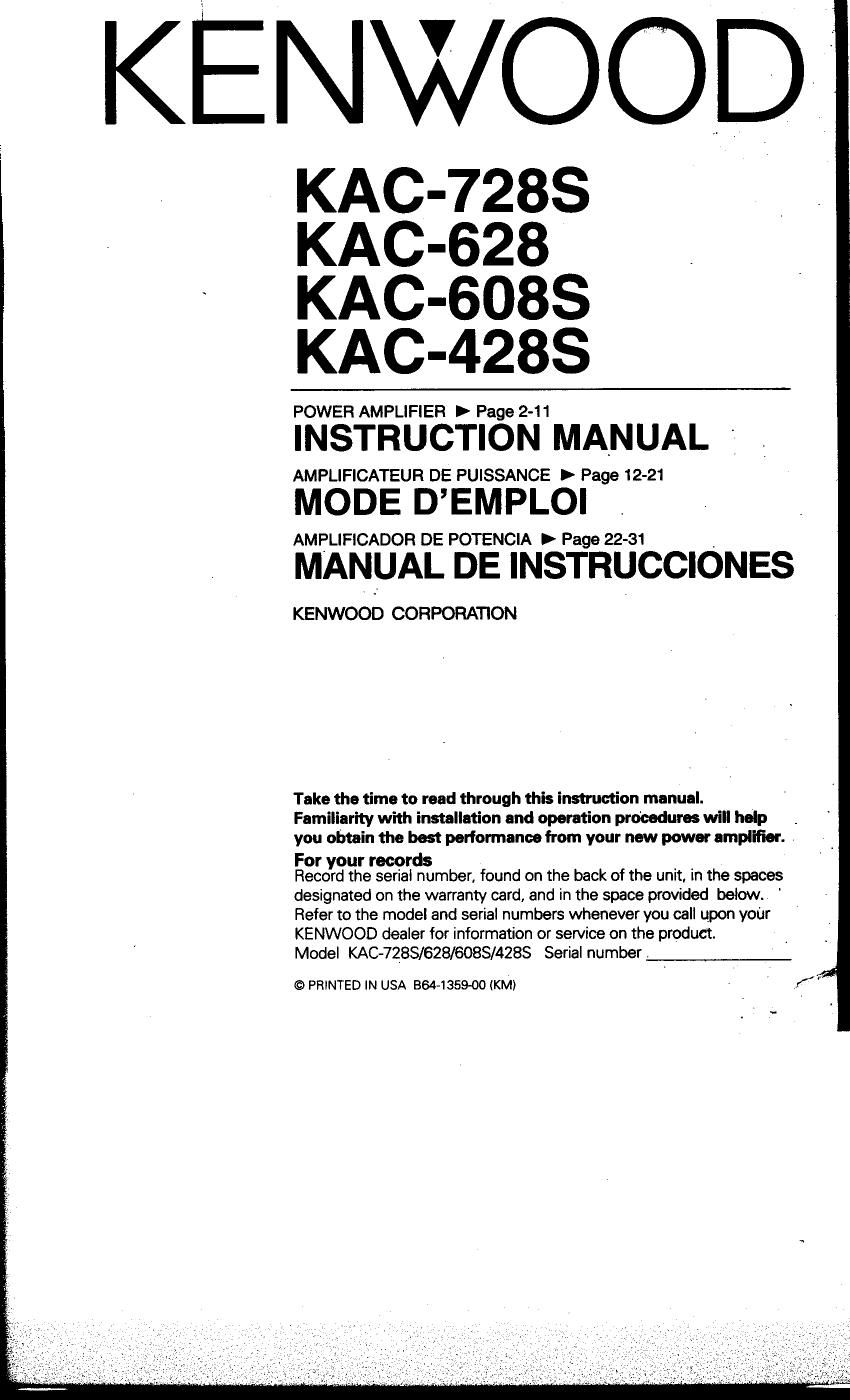 Kenwood KAC 728 S Owners Manual