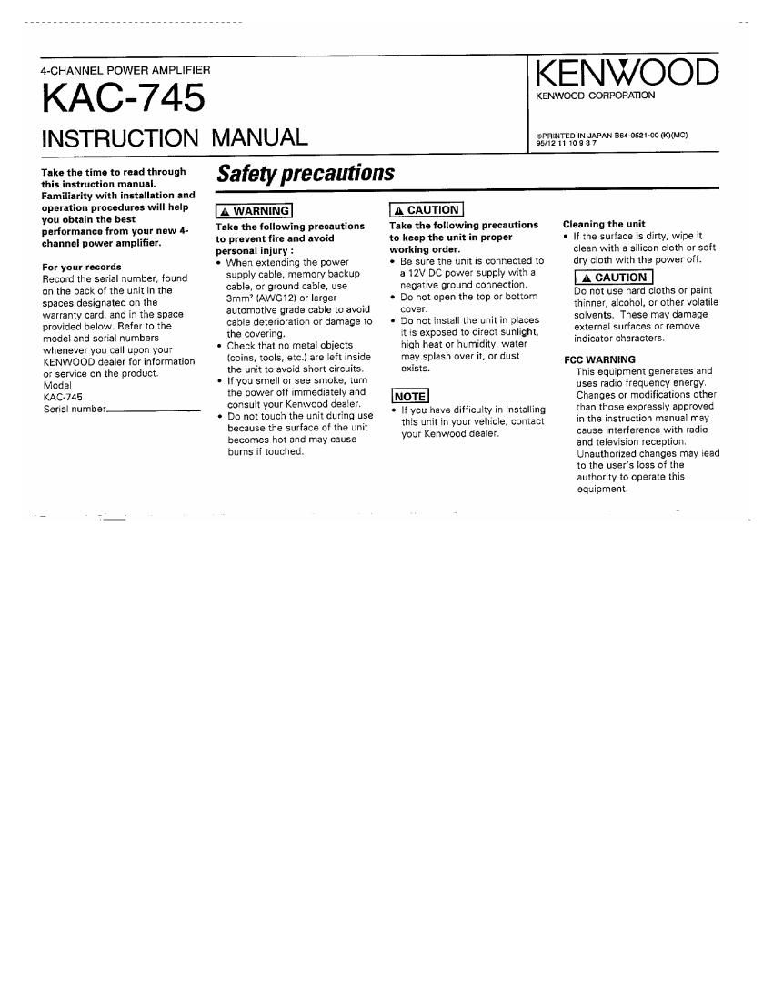 Kenwood KAC 745 Owners Manual