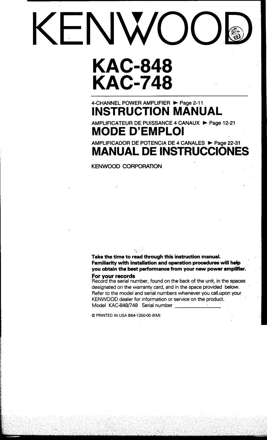 Kenwood KAC 748 Owners Manual