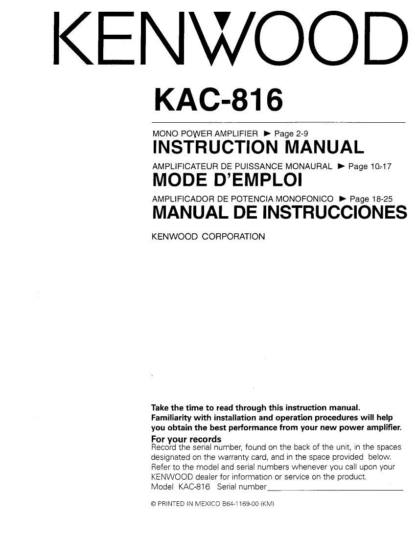 Kenwood KAC 816 Owners Manual