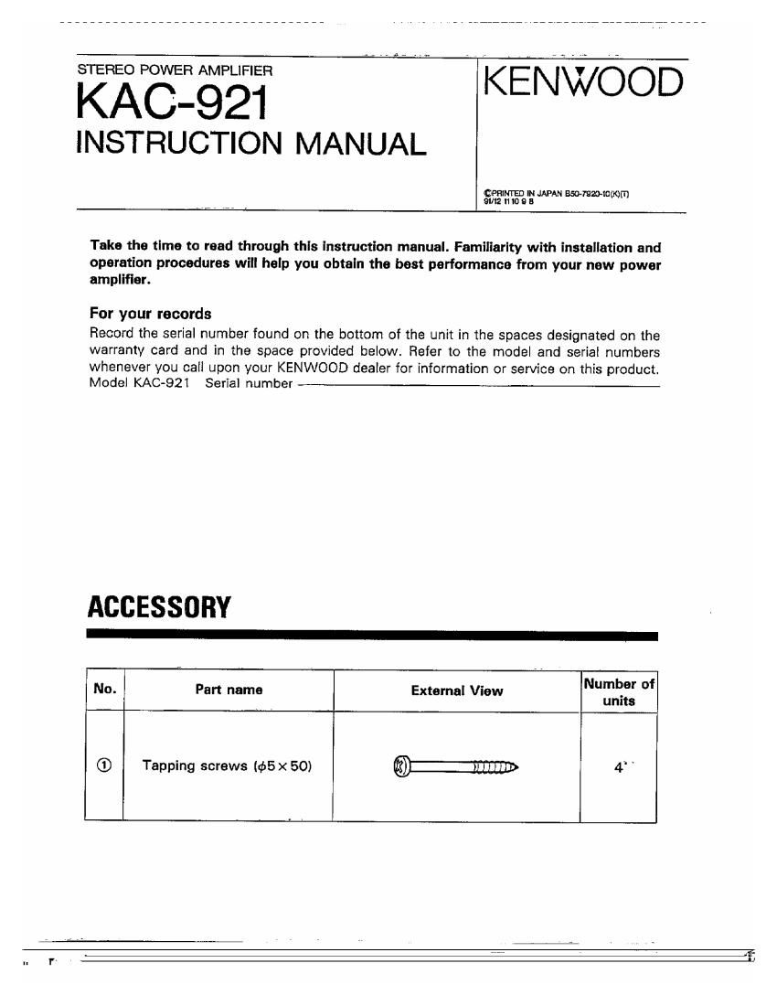 Kenwood KAC 921 Owners Manual