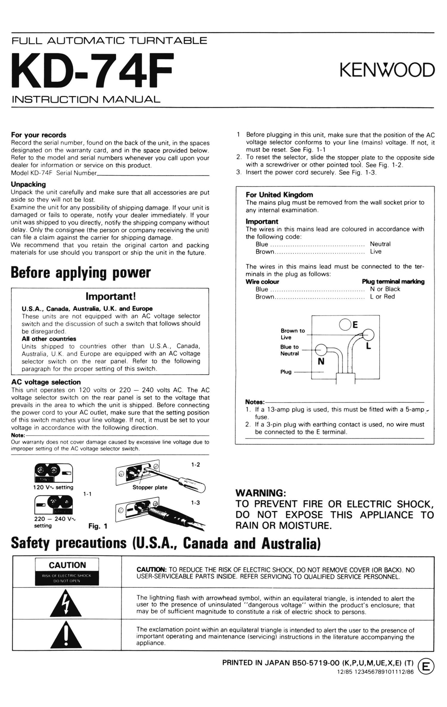 Kenwood KD 74 F Owners Manual