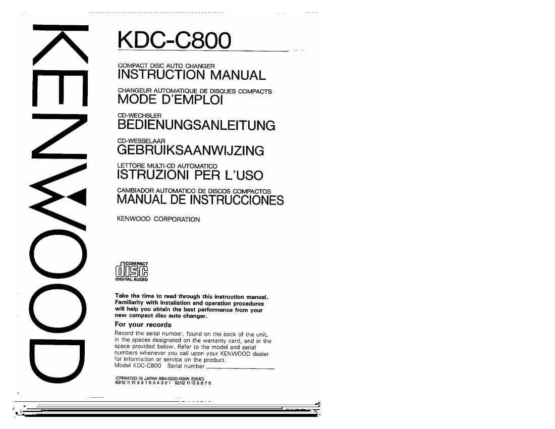 Kenwood KDCC 800 Owners Manual