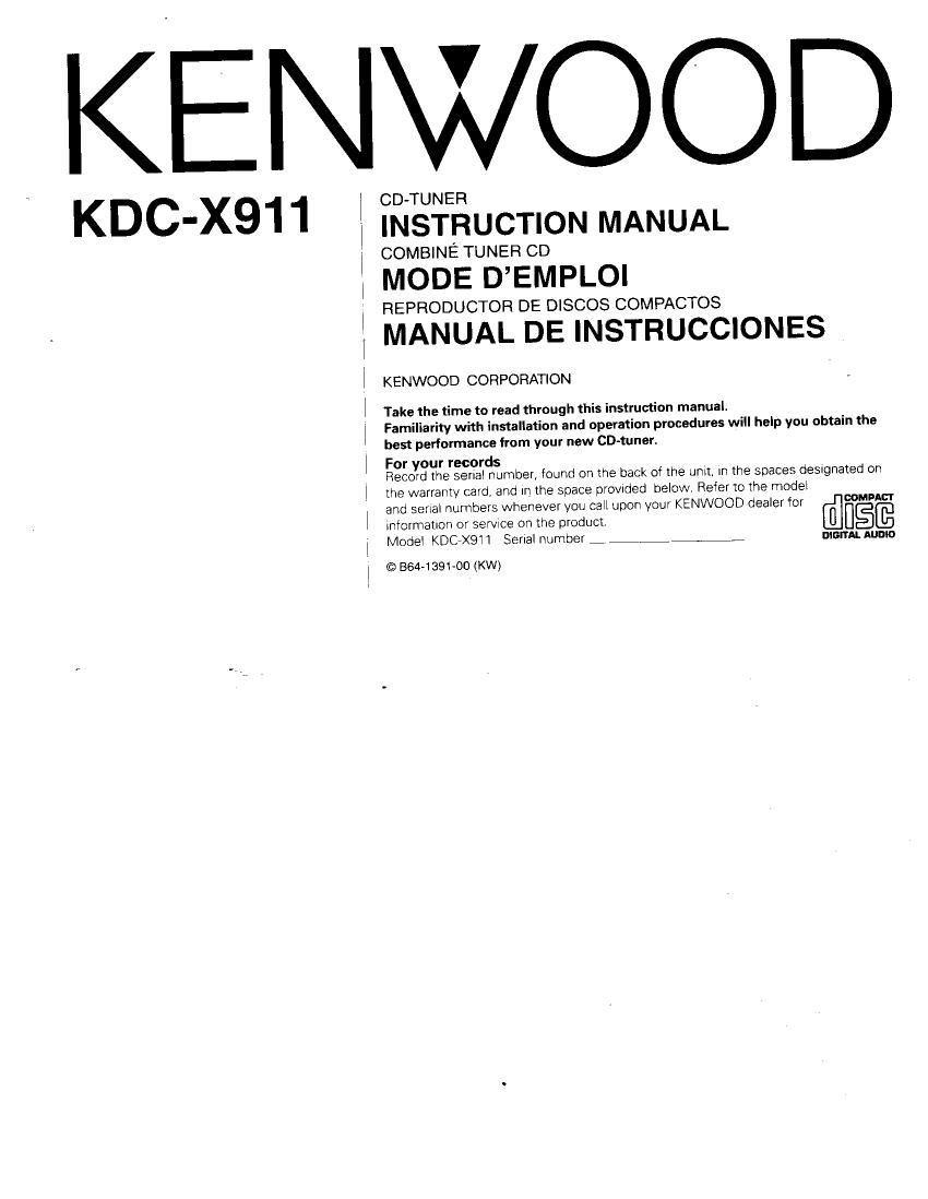 Kenwood KDCX 911 Owners Manual