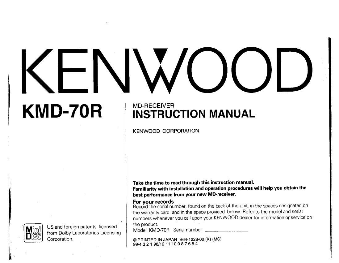 Kenwood KMD 70 R Owners Manual