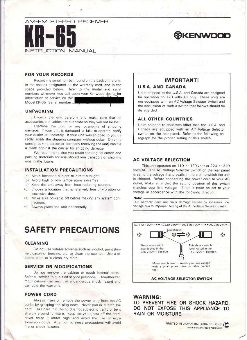Kenwood KR 65 Owners Manual
