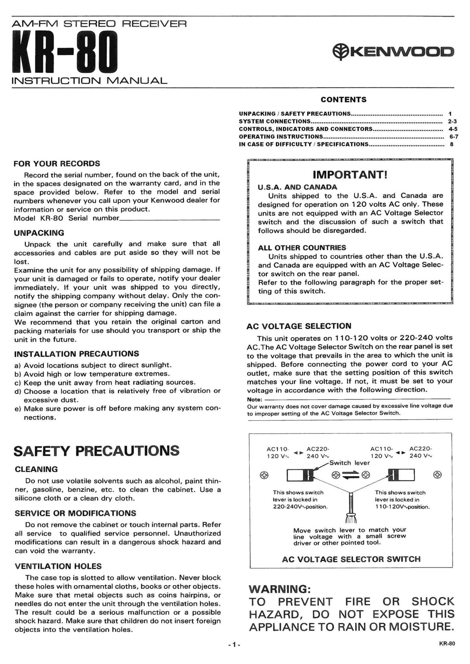 Kenwood KR 80 Owners Manual