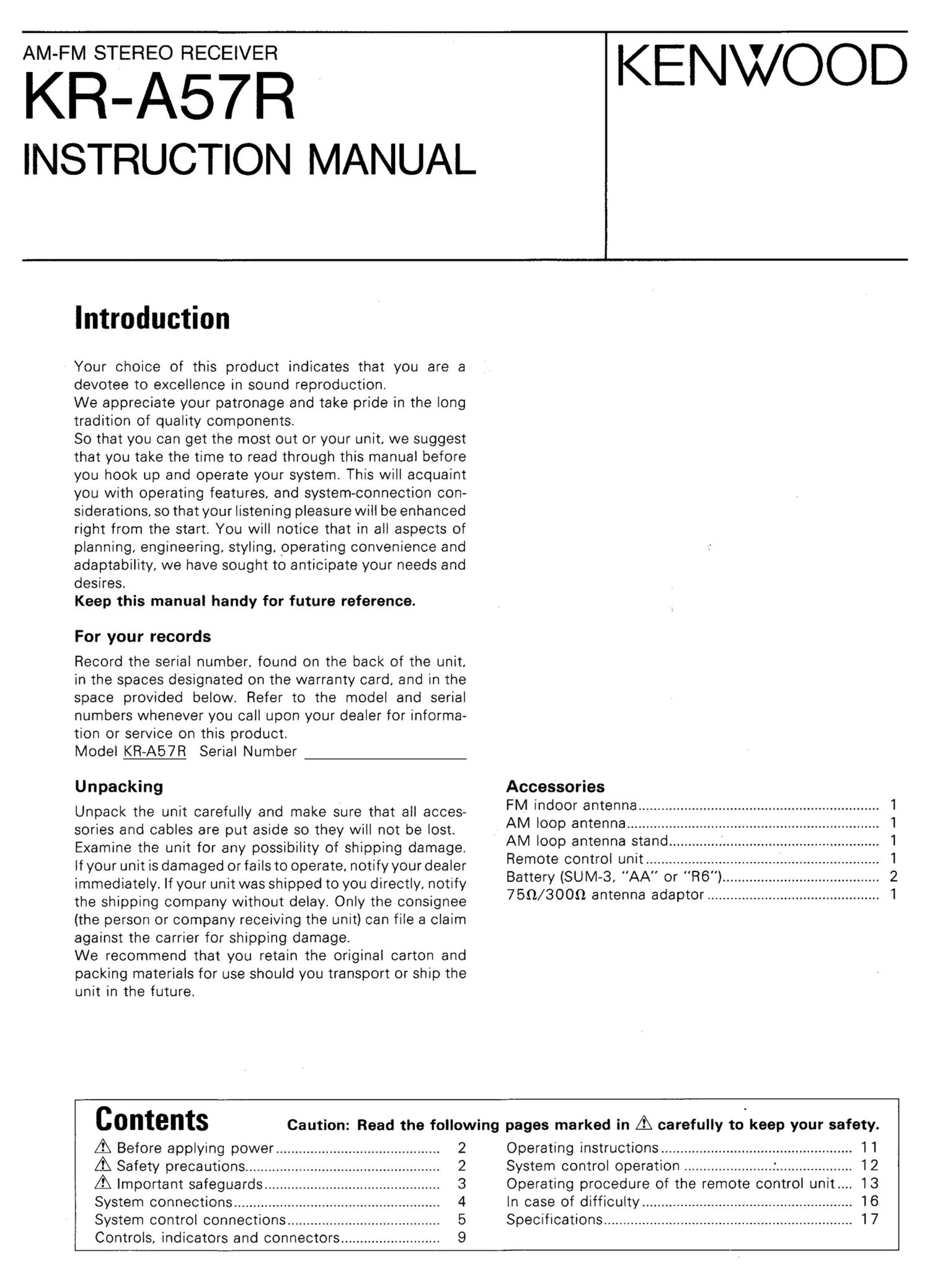 Kenwood KRA 57 R Owners Manual