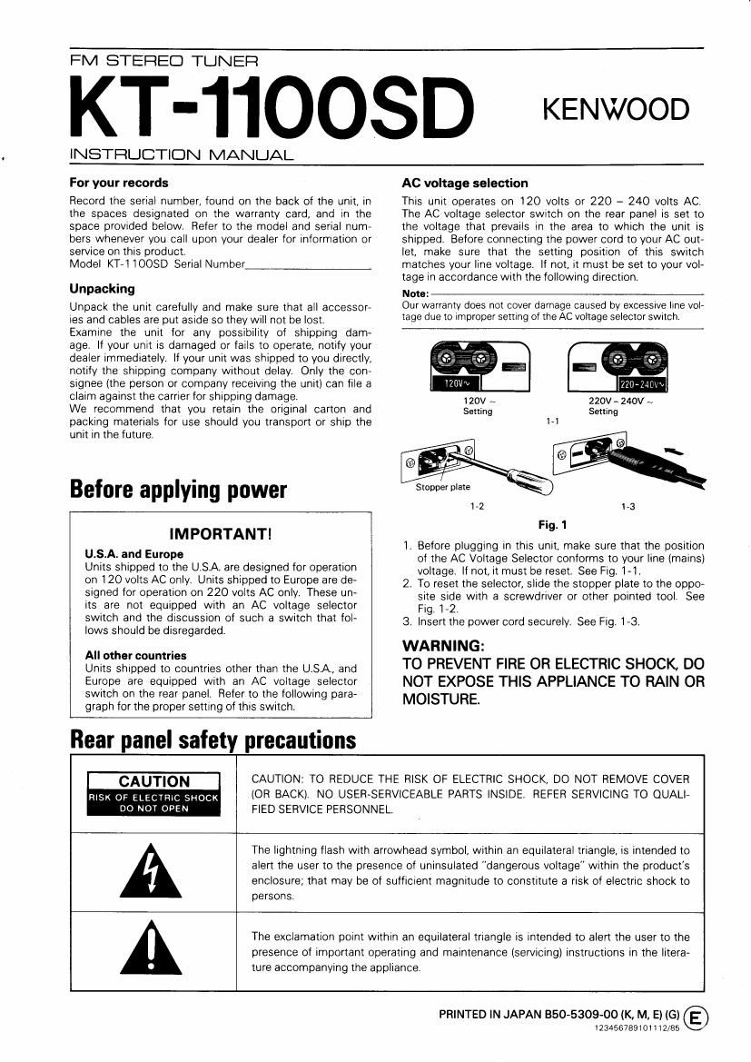 Kenwood KT 1100 SD Owners Manual