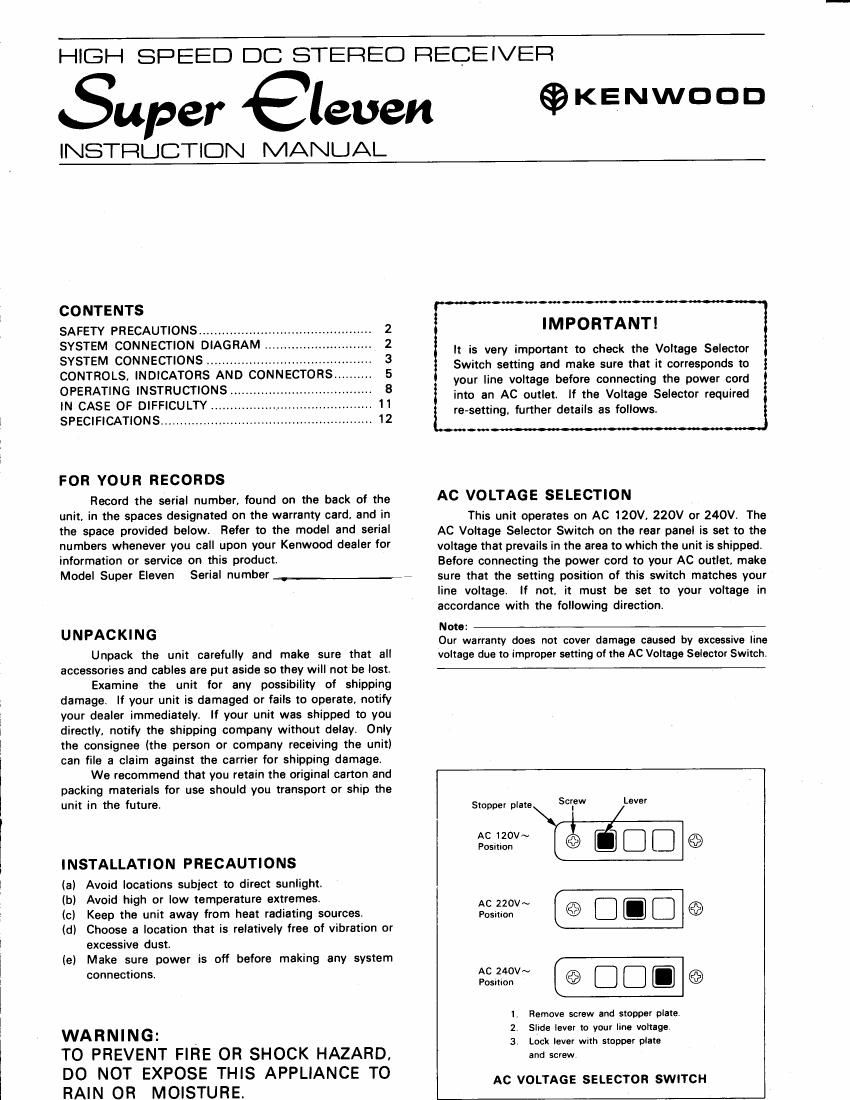 Kenwood Super Eleven Owners Manual