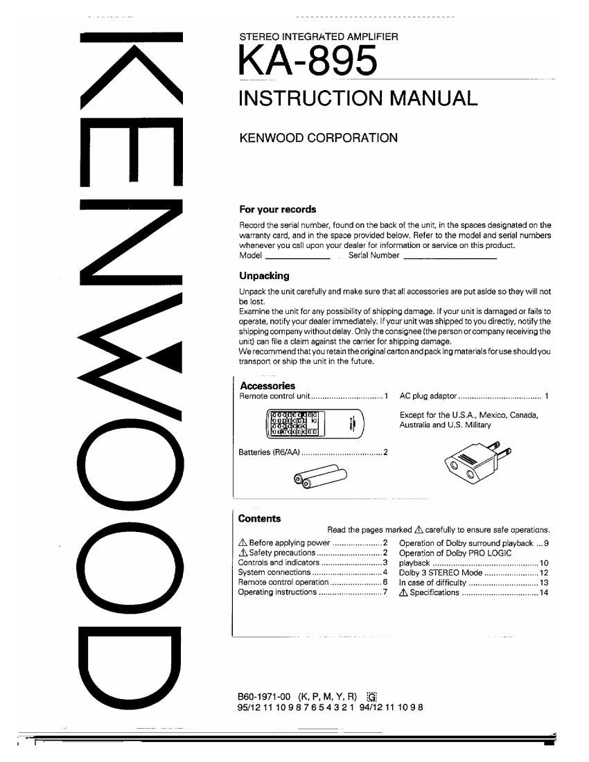 Kenwood KA 895 Owners Manual